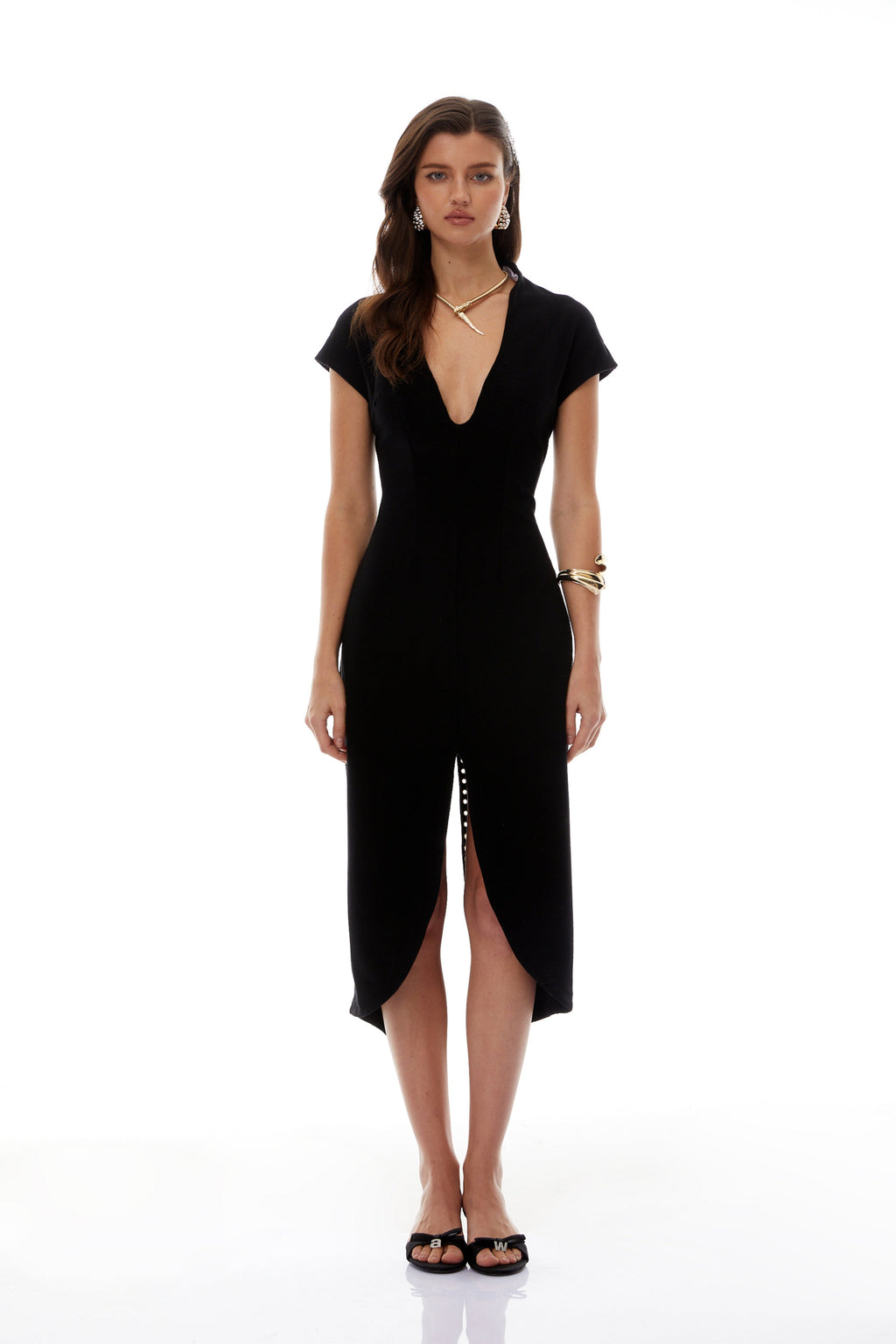 Gisela Black Deep V-Neck Self-Tie Midi Dress