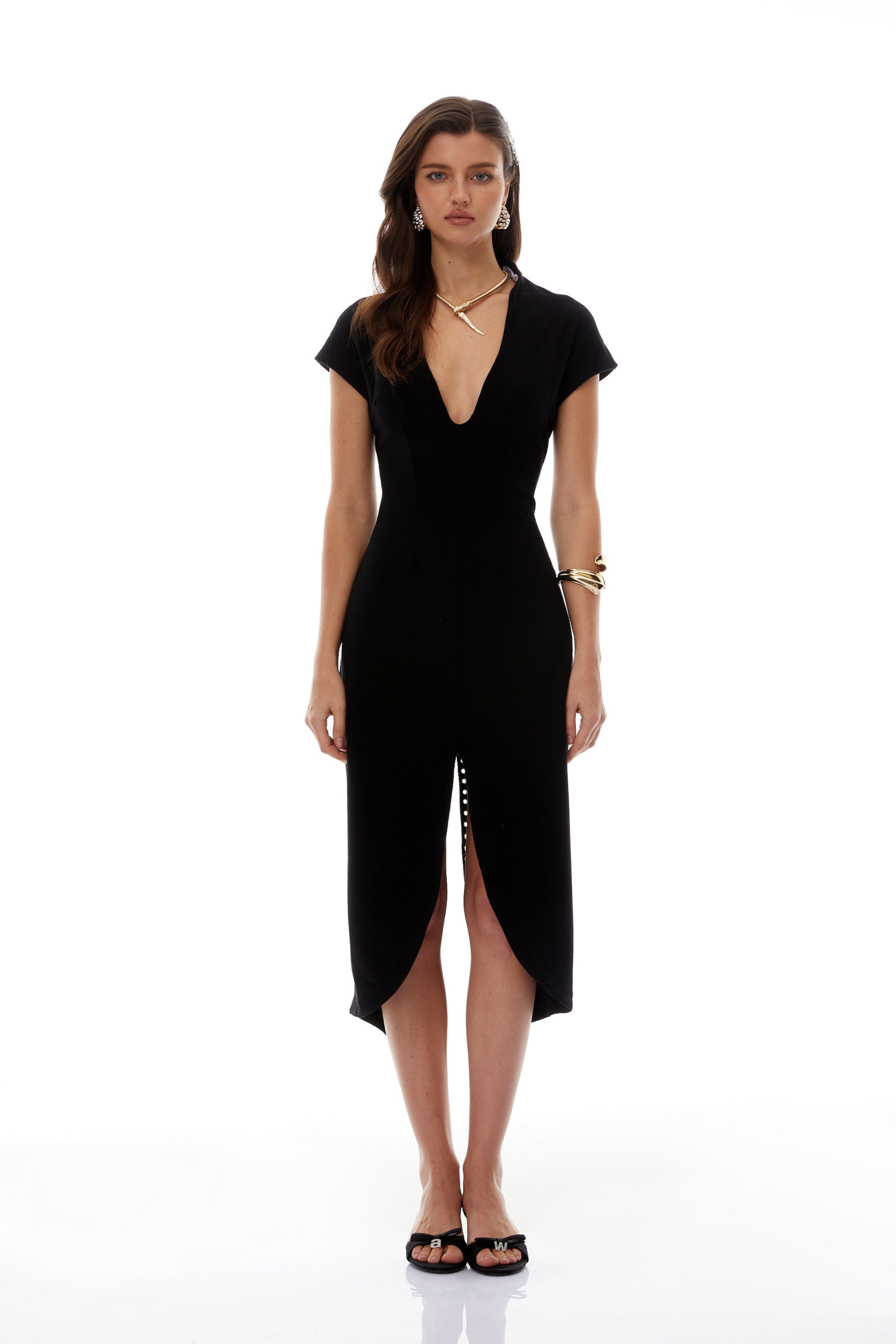 Gisela Black Deep V-Neck Self-Tie Midi Dress