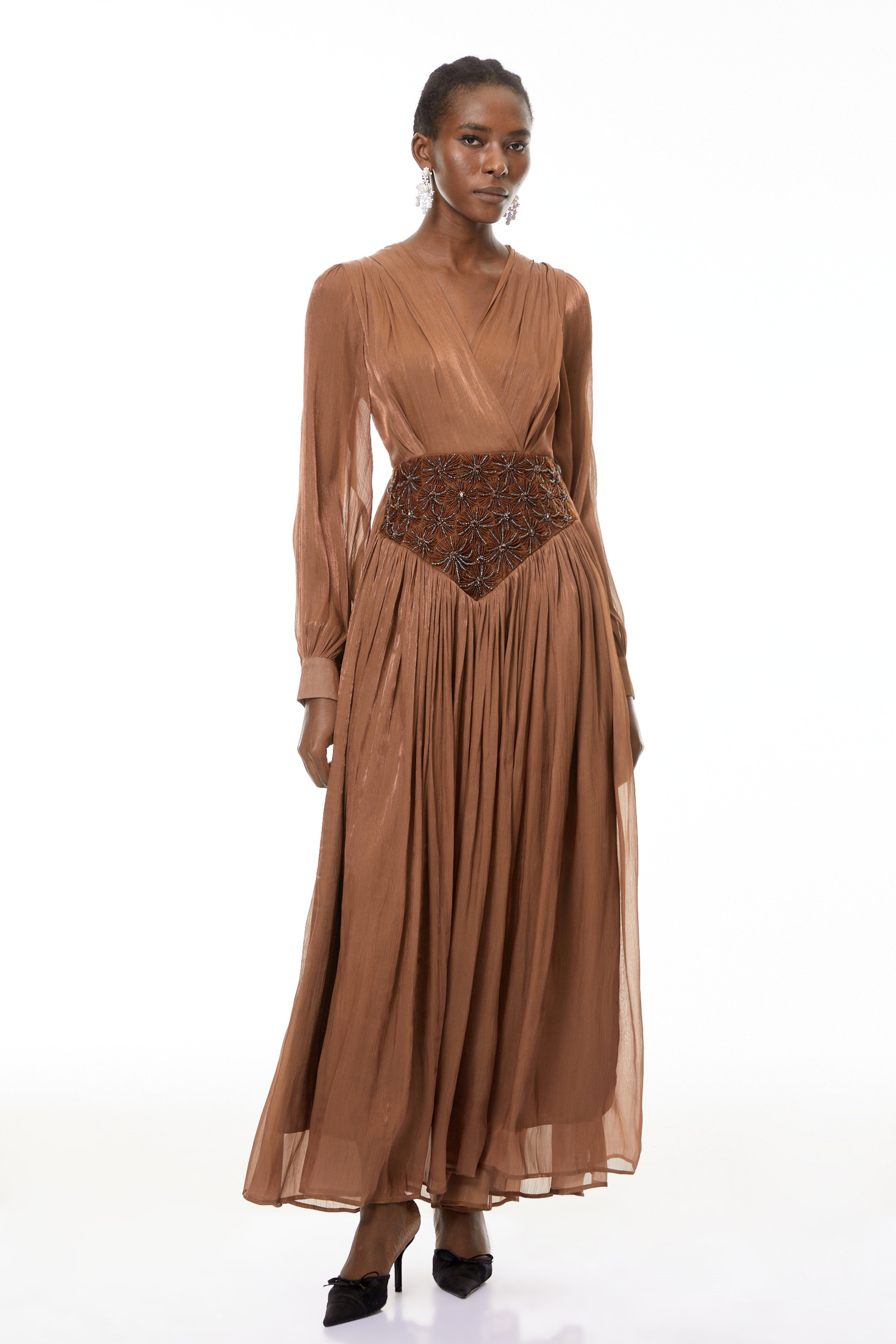 Gisela Brown Embroidered Ruched Maxi Dress