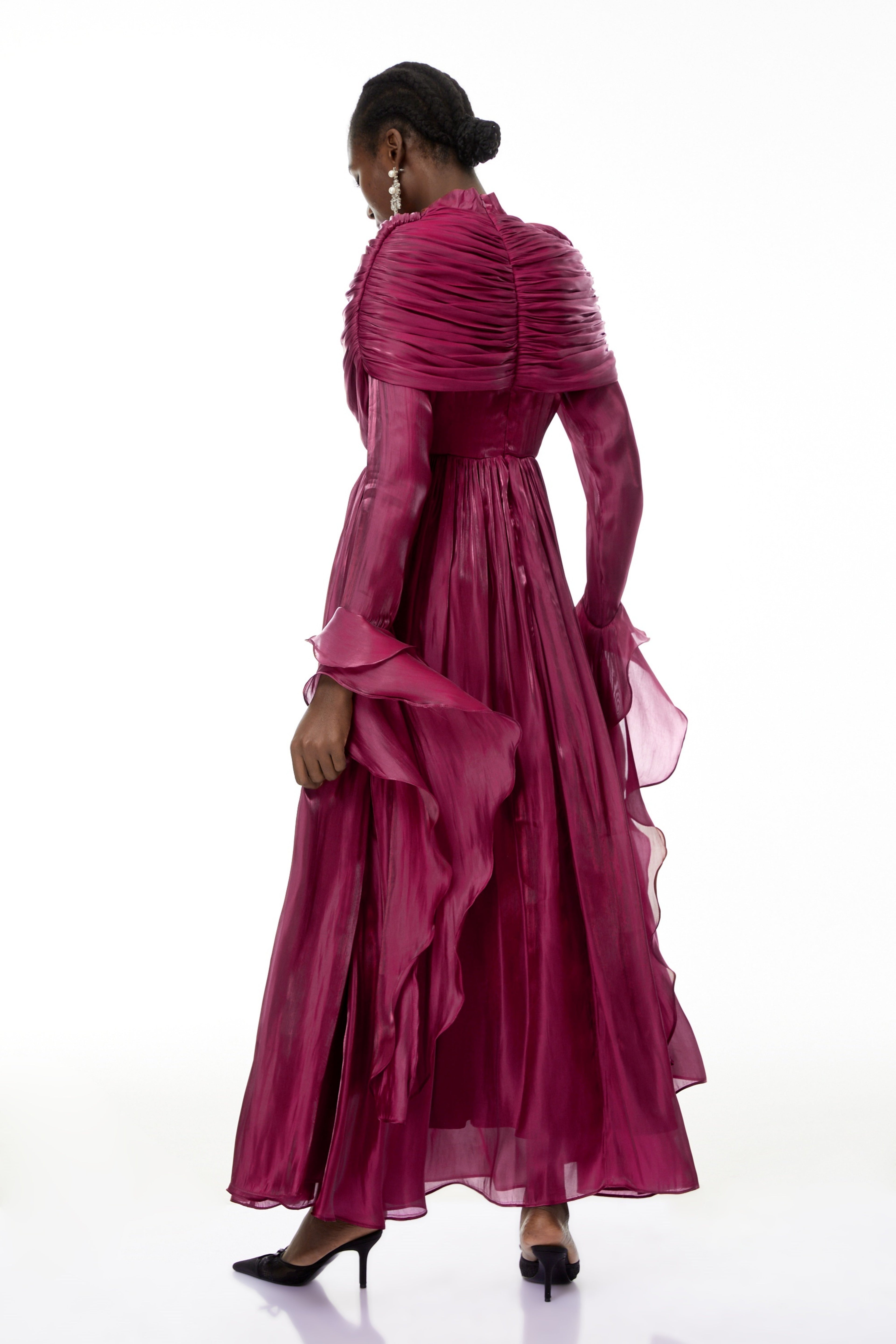 Gustave Burgundy Ruched Cape Ruffled Maxi Dress