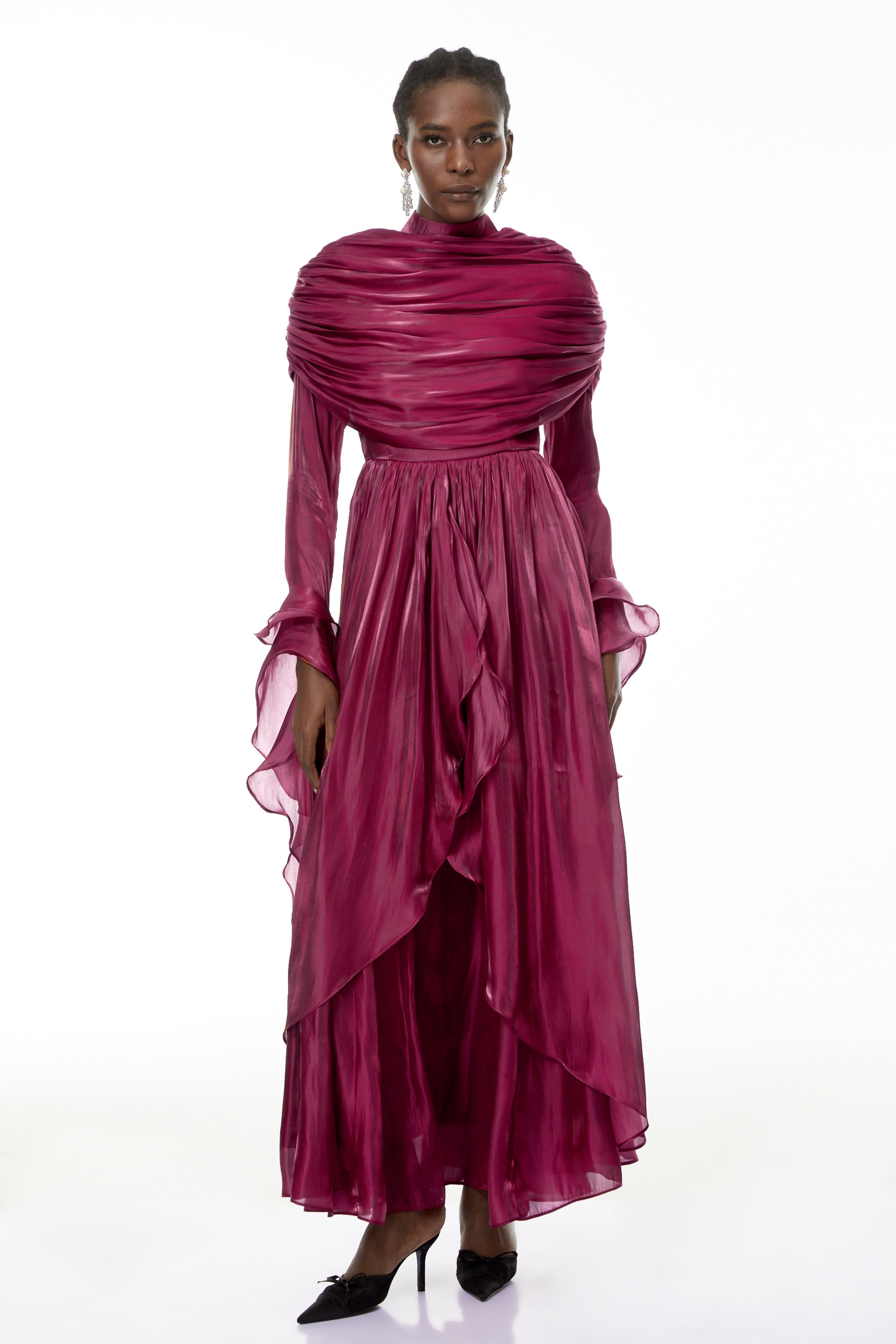 Gustave Burgundy Ruched Cape Ruffled Maxi Dress