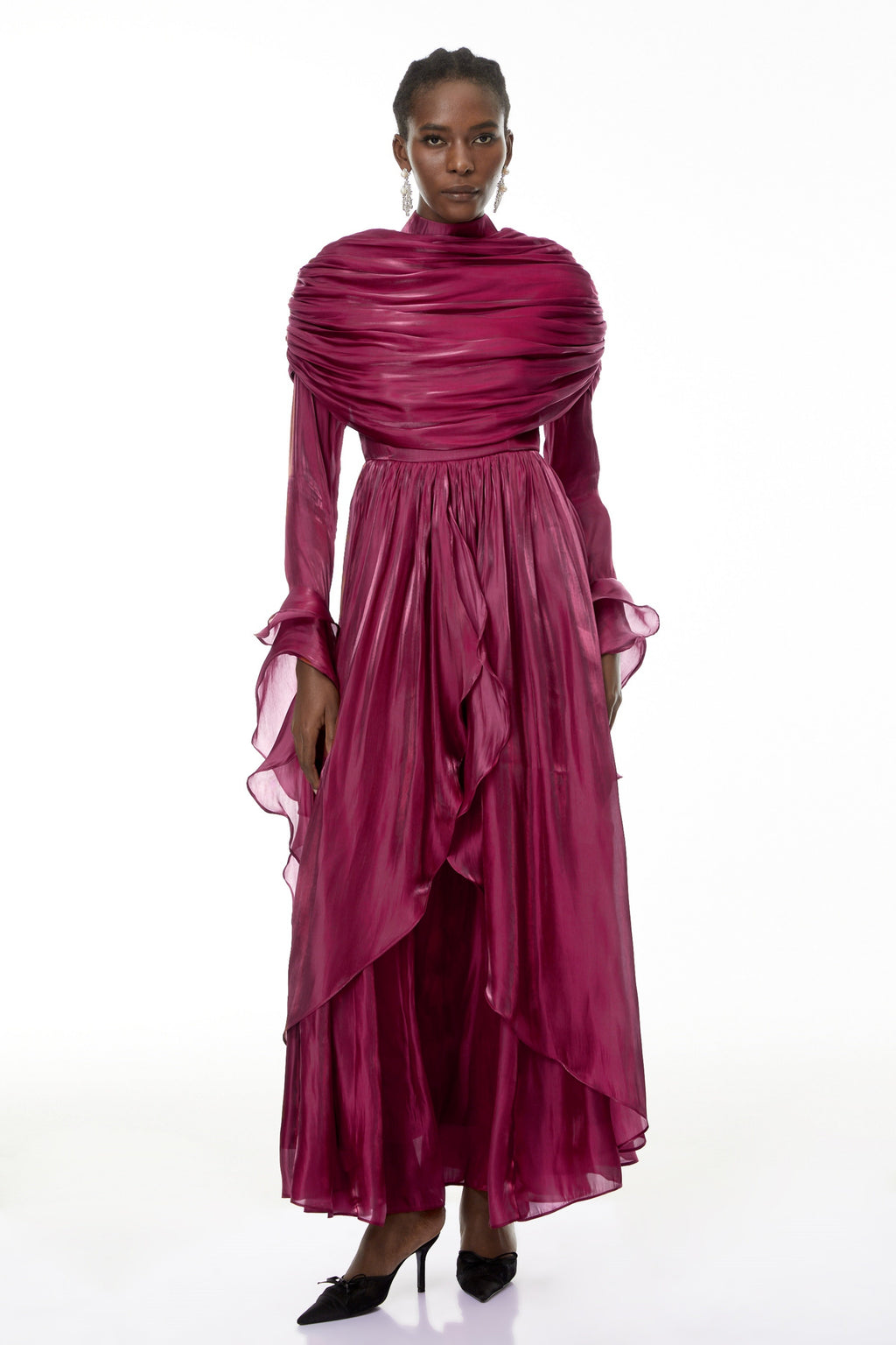 Gustave Burgundy Ruched Cape Ruffled Maxi Dress