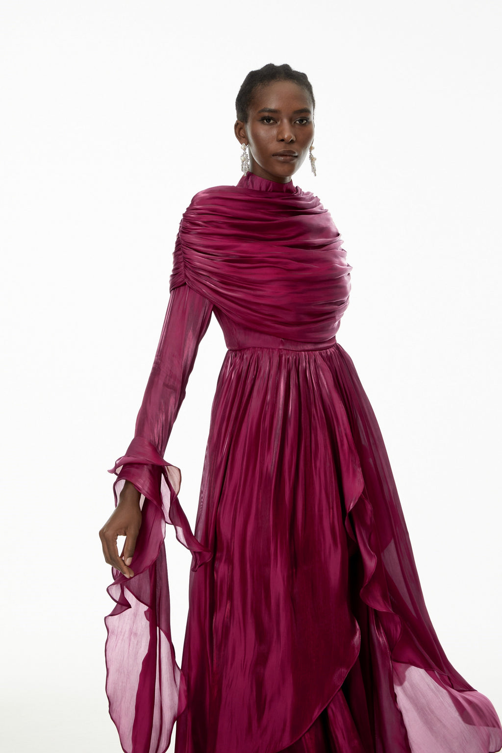 Gustave Burgundy Ruched Cape Ruffled Maxi Dress