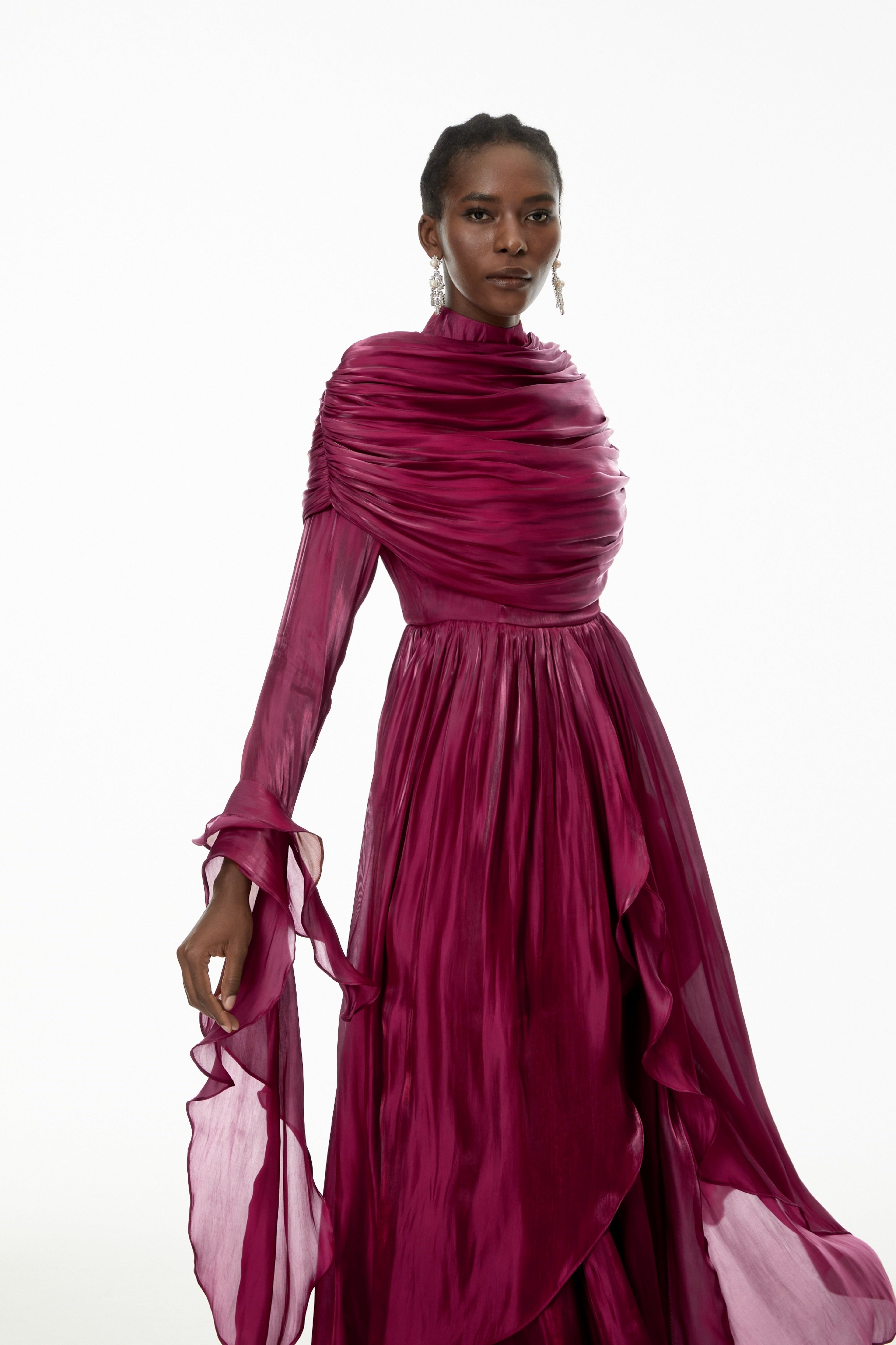 Gustave Burgundy Ruched Cape Ruffled Maxi Dress