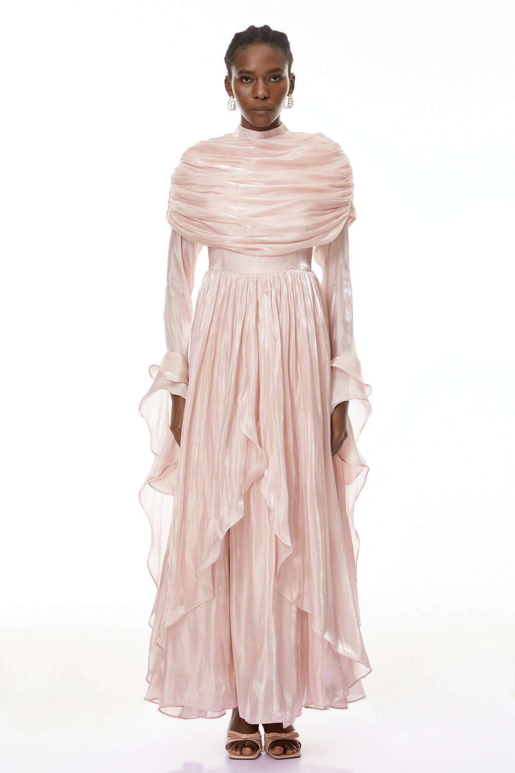 Gustave Pink Ruched Cape Ruffled Maxi Dress