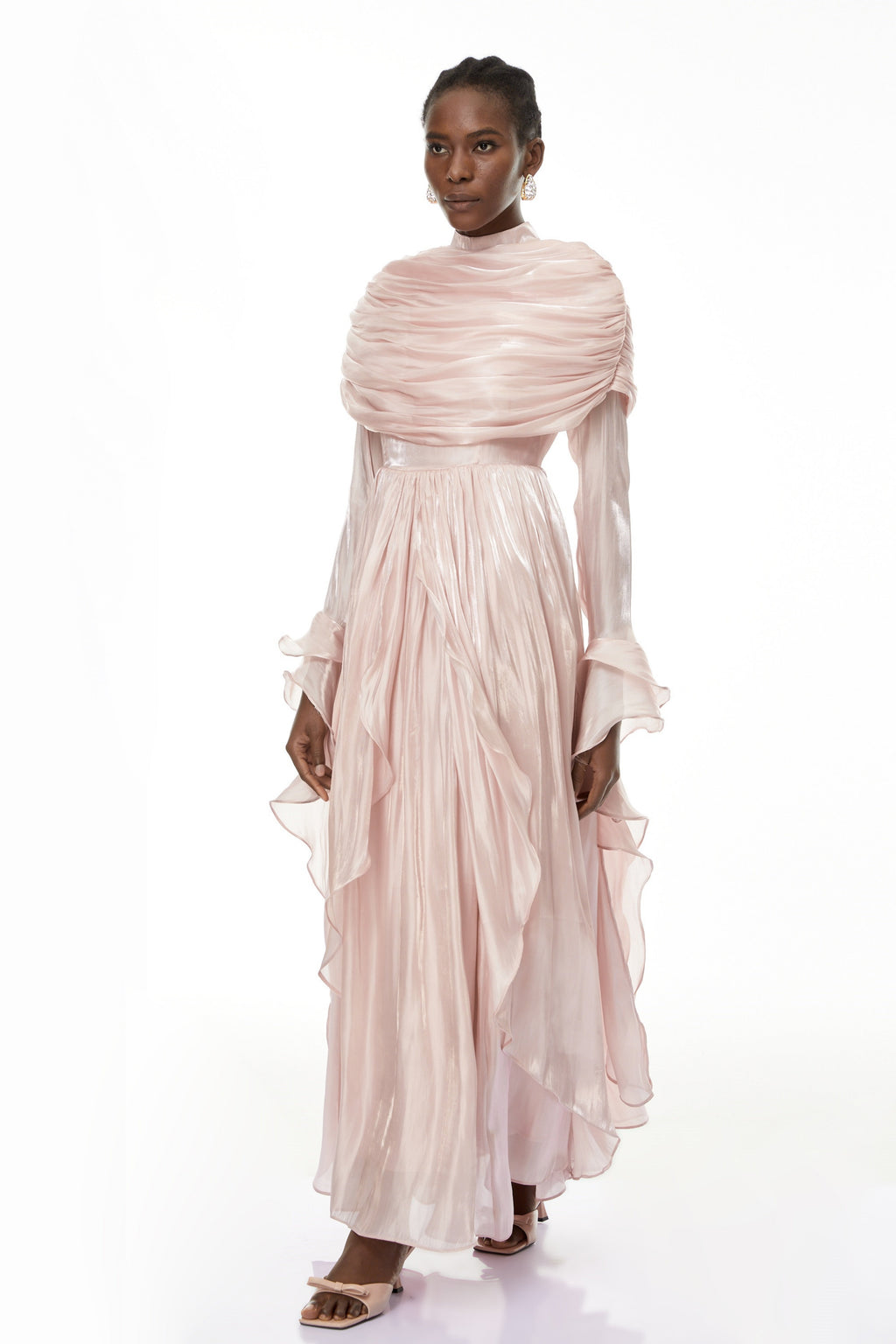 Gustave Pink Ruched Cape Ruffled Maxi Dress
