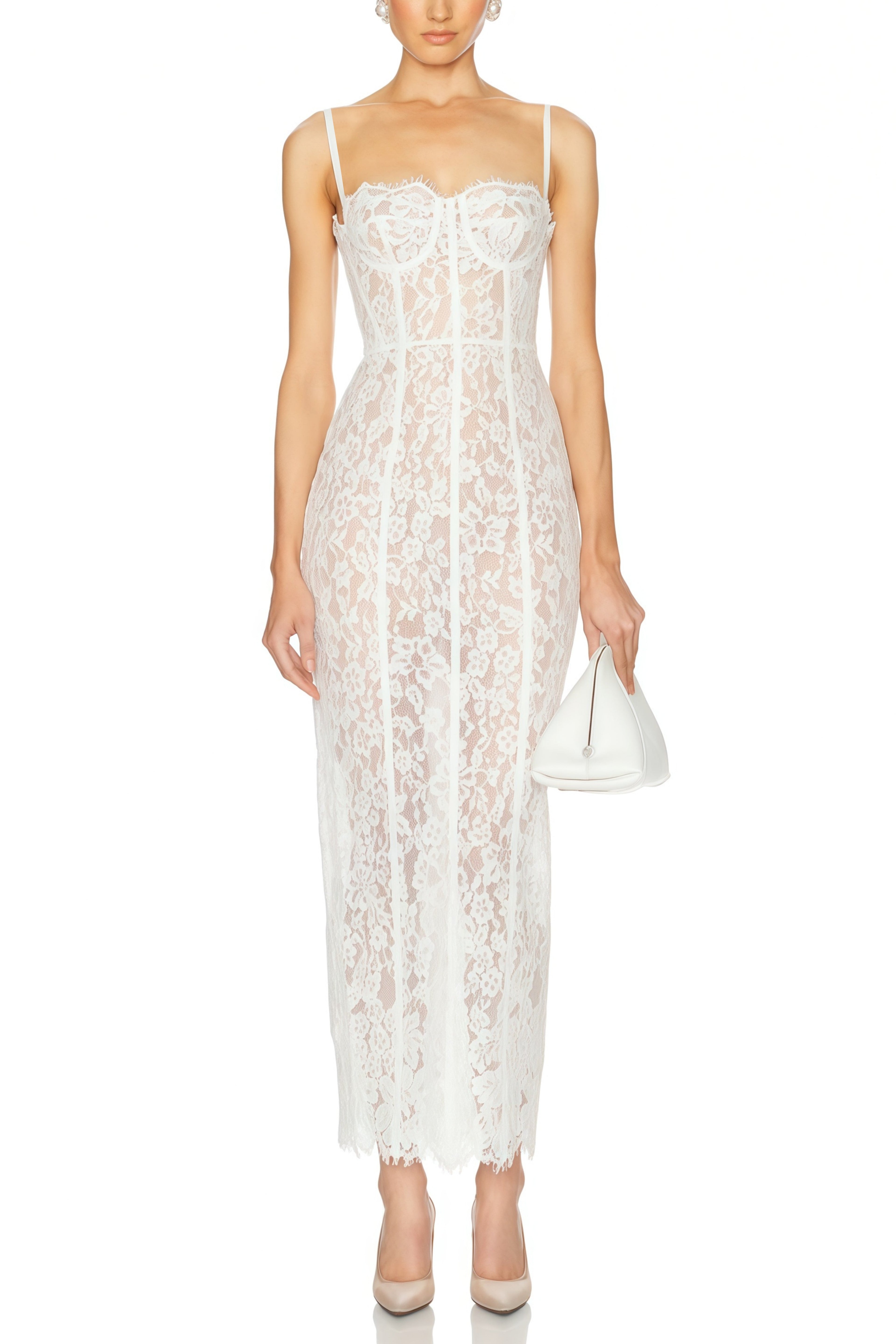 Vestido largo de novia Bridal Giorgia blanco con encaje floral y corsé ajustado, elegante y femenino, en color blanco.