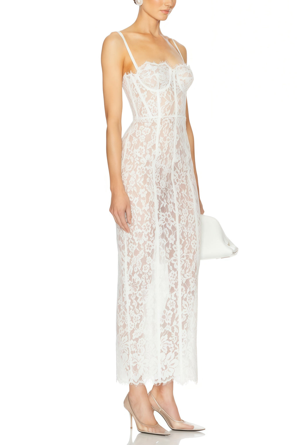 Vestido de novia largo Giorgia blanco con encaje floral y corsé, vestido maxi elegante y romántico para bodas.
