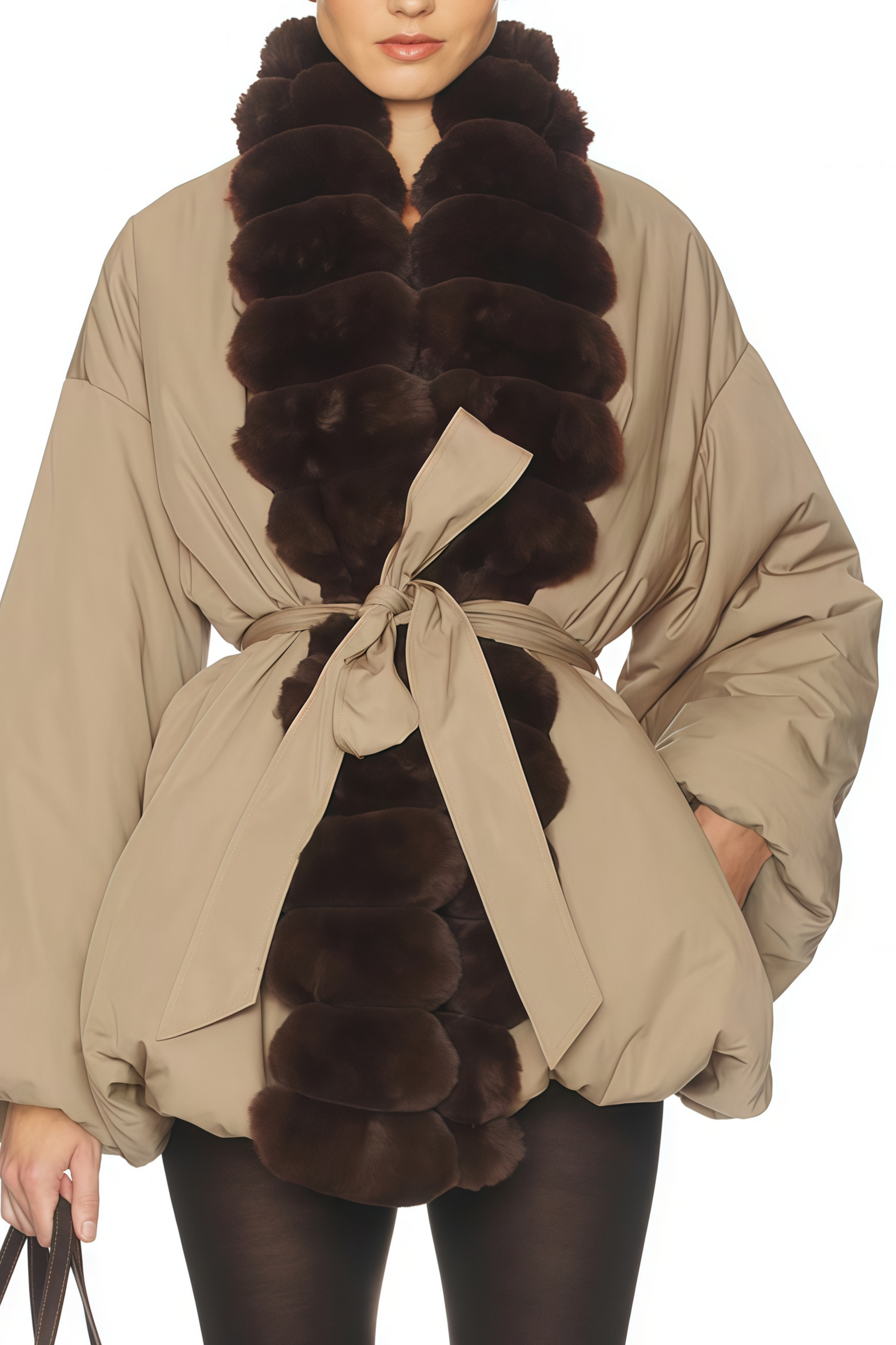 Chaqueta de plumón beige con borde de piel de imitación en el cuello, marca Final Sale, estilo burbuja y acolchado.