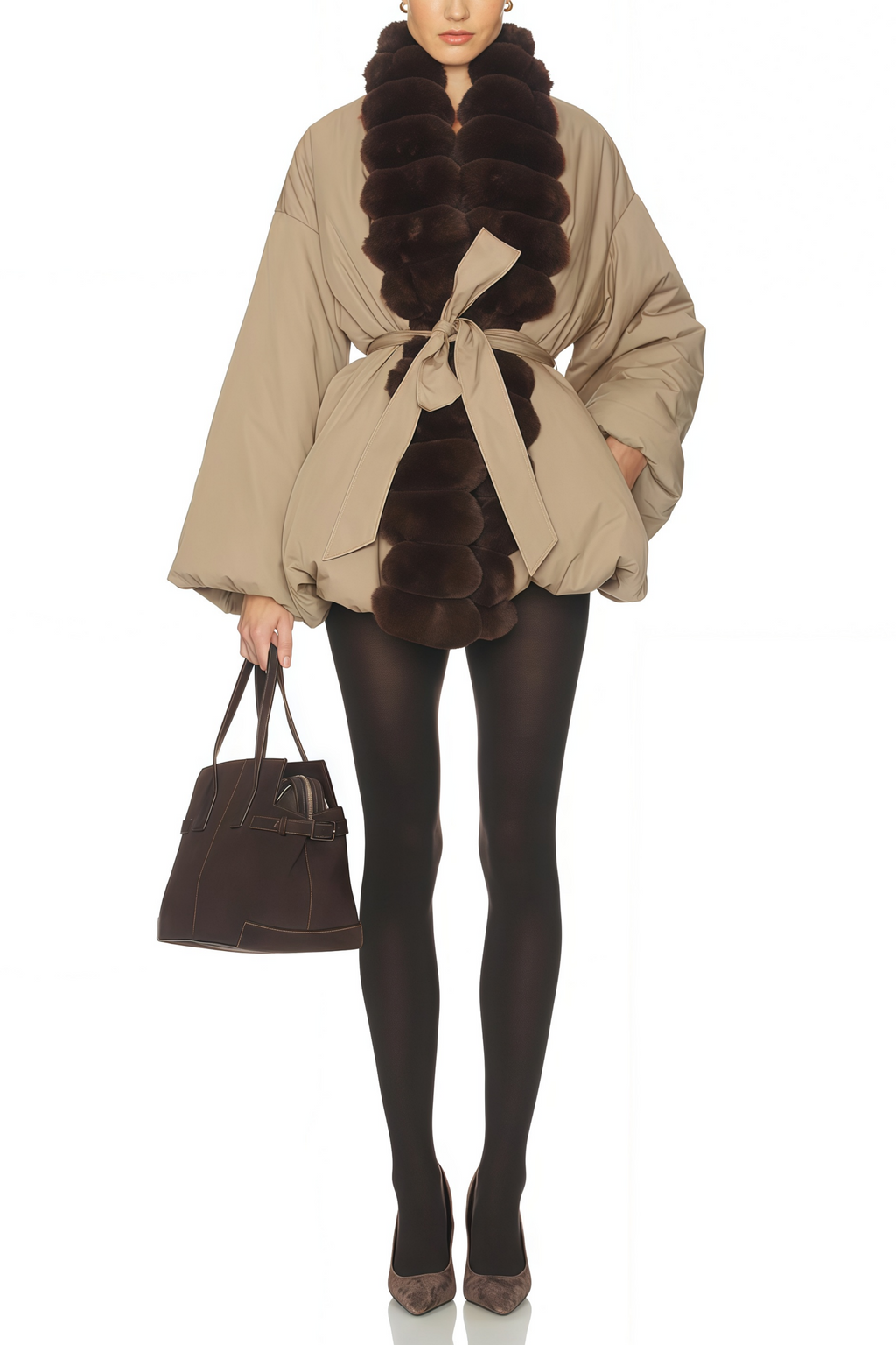 Chaqueta de plumas con borde de piel en color caqui Ileana de Final Sale, estilo burbuja y abrigadora para invierno.