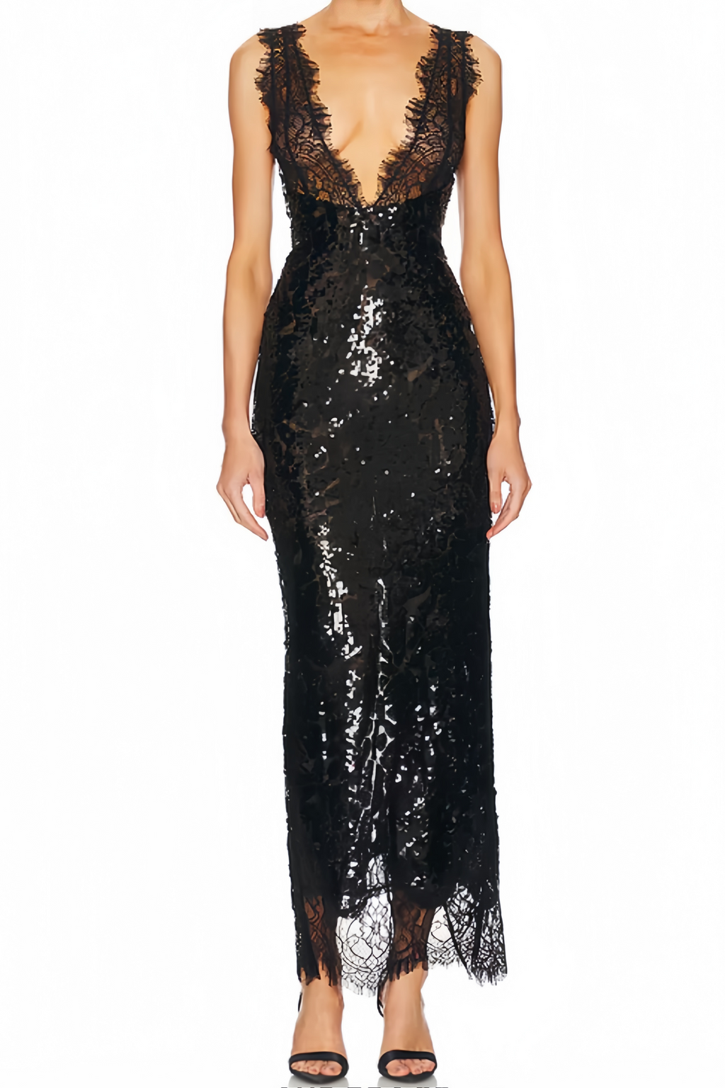 Vestido maxi negro de encaje con paneles de lentejuelas de la marca Final Sale, diseñado para ocasiones elegantes.