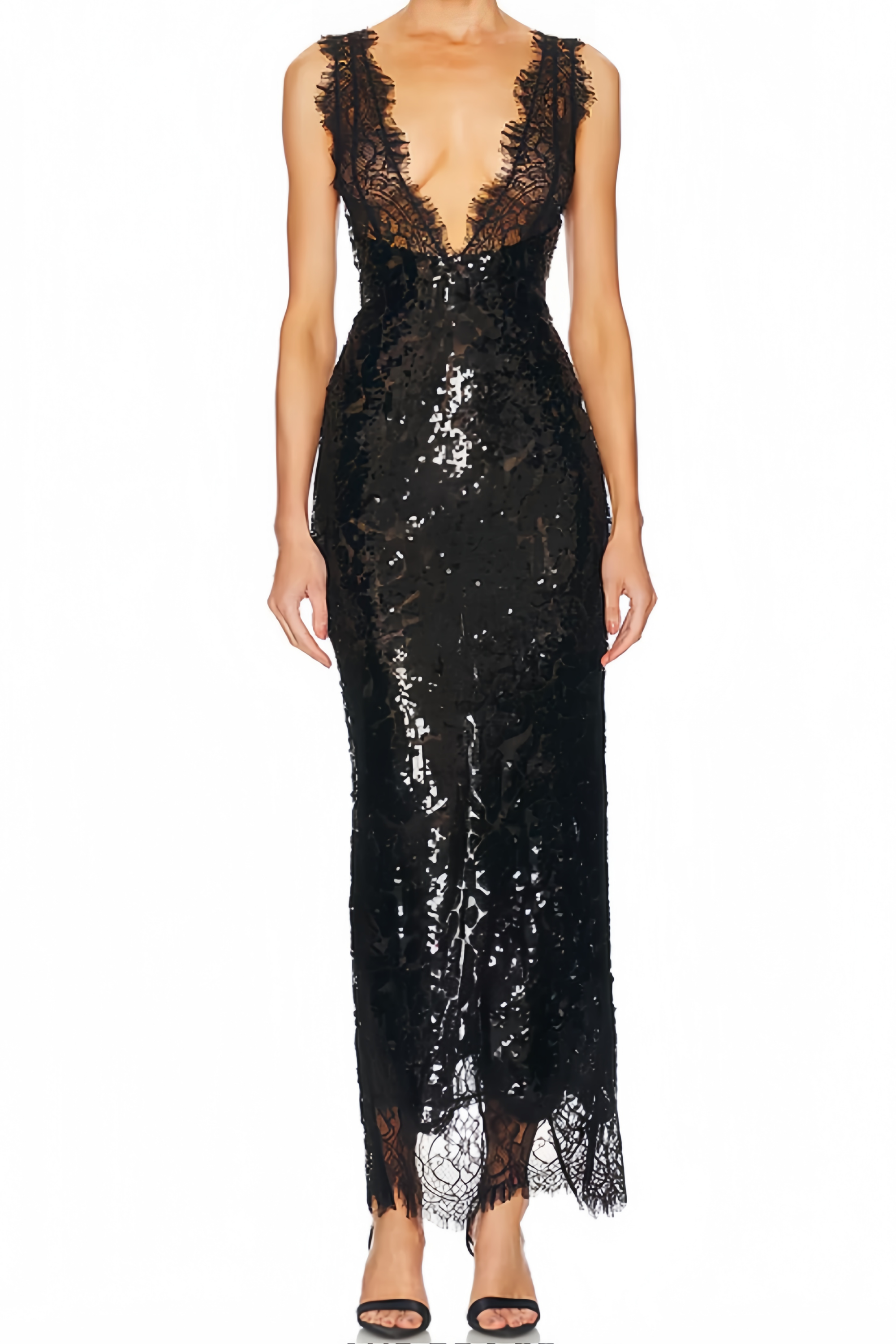 Vestido maxi negro de encaje con paneles de lentejuelas de la marca Final Sale, diseñado para ocasiones elegantes.
