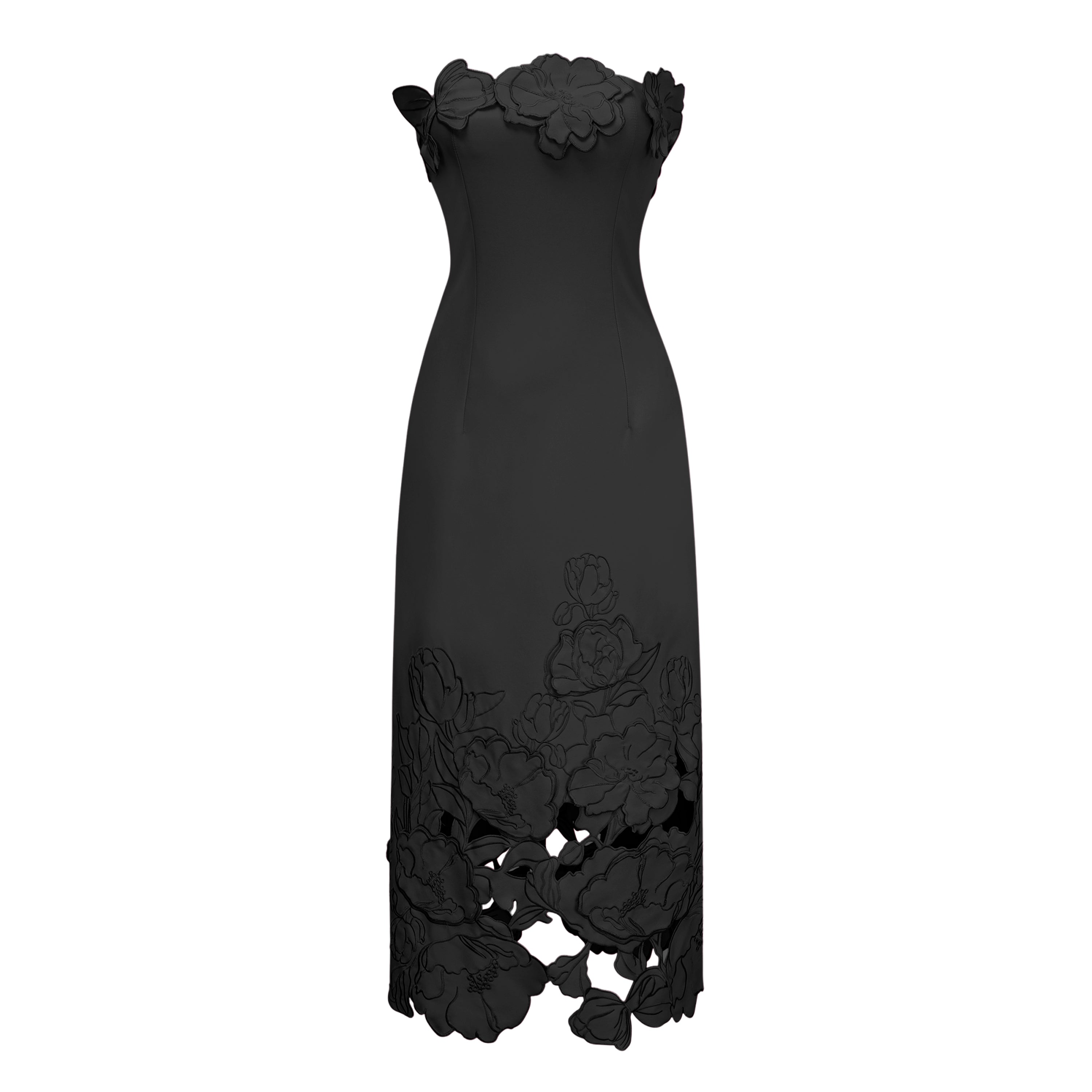 Elegante vestido maxi negro strapless de novia con bordados florales y detalles decorativos en la parte superior.