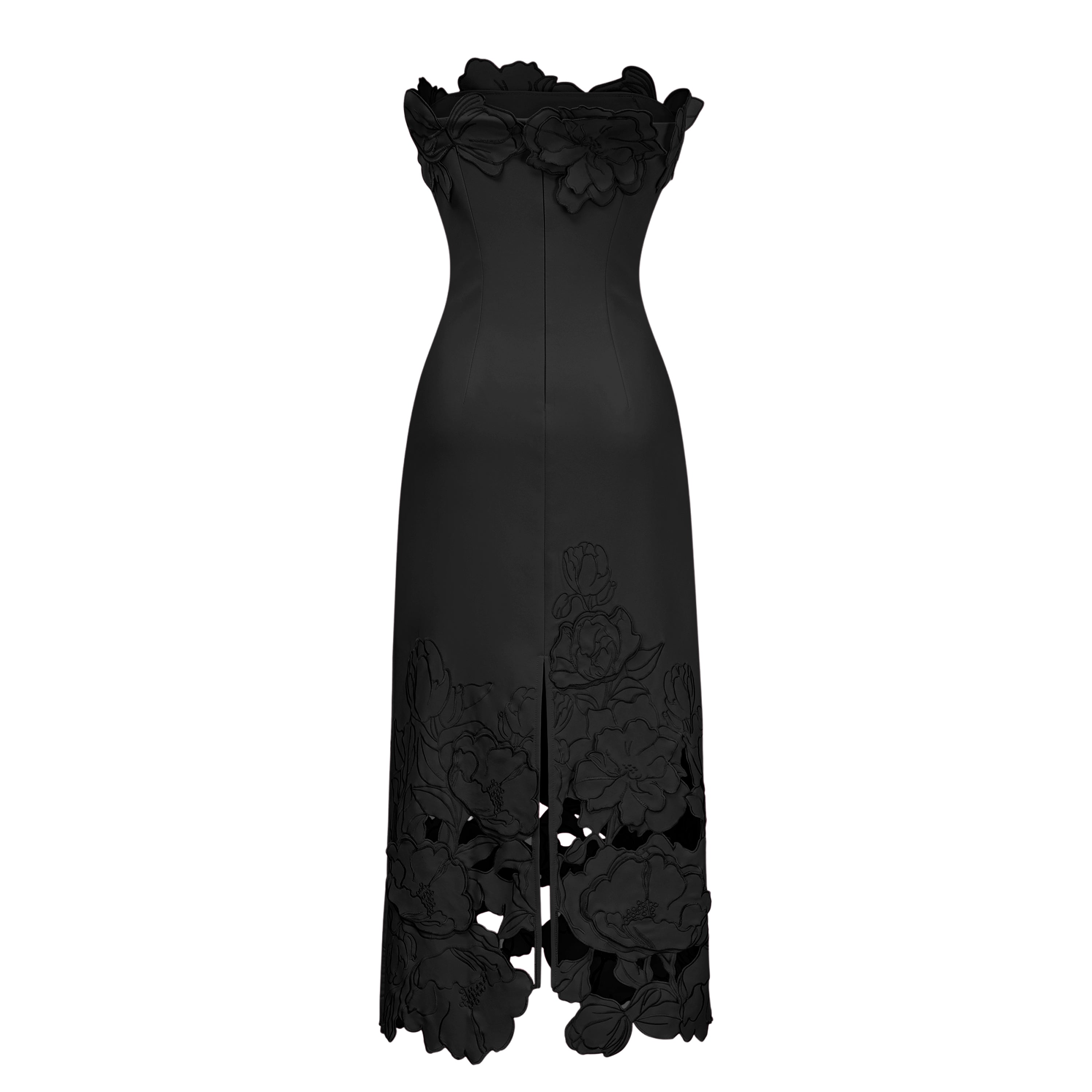Vestido maxi negro sin tirantes con bordado floral de MRNewyork, diseño largo y elegante con detalles decorativos en la parte superior.