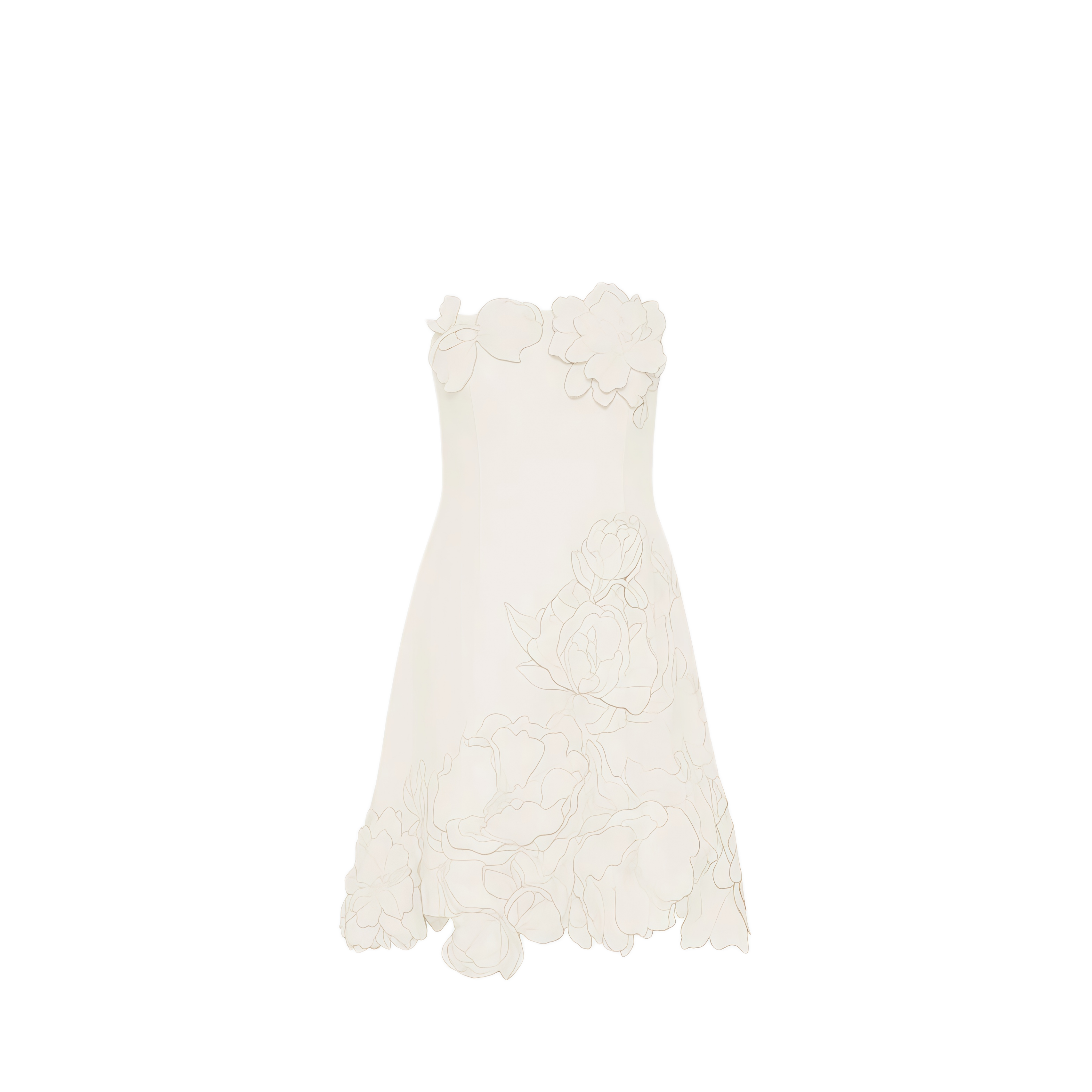Vestido mini sin tirantes de color blanco con bordado floral y detalles en relieve, de la marca MRNewyork, en color crema.