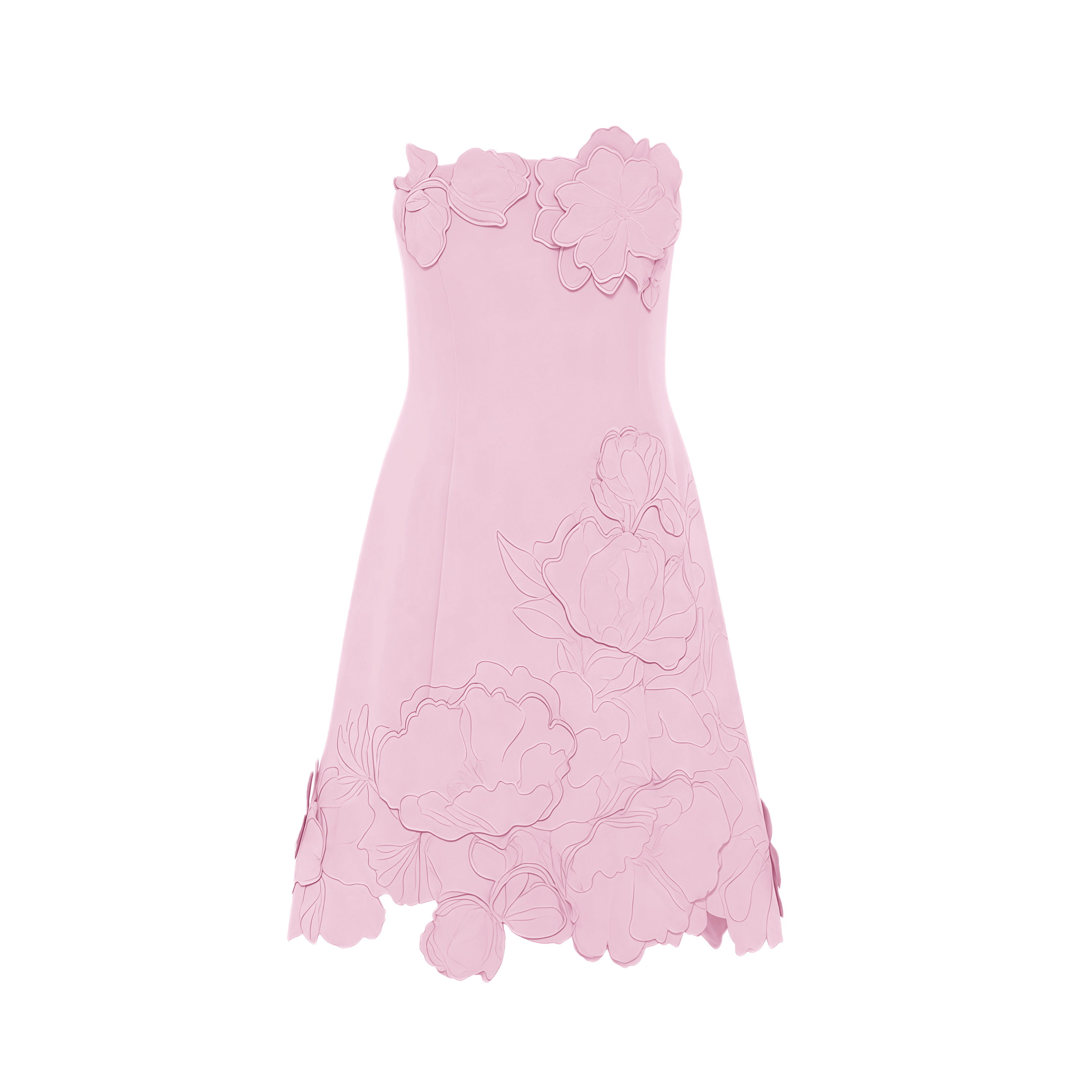Vestido mini sin tirantes rosa con bordados florales de MRNewyork, diseño elegante y fresco para ocasiones especiales.