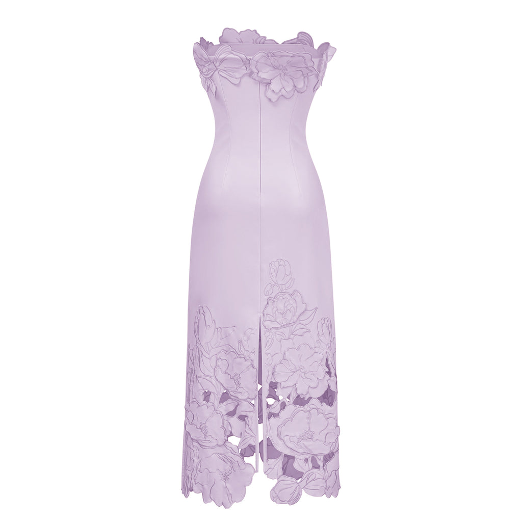 Vestido largo sin tirantes Inga Purple de MRNewyork con bordado floral y diseño maxi.