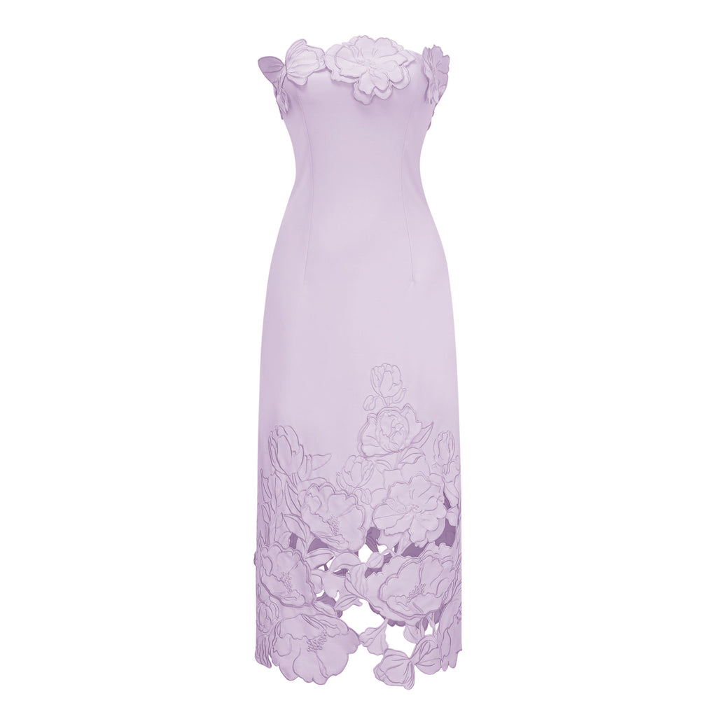 Vestido maxi sin tirantes Inga en color púrpura con bordados florales, de la marca MRNewyork, con detalles elegantes y estilo floral.