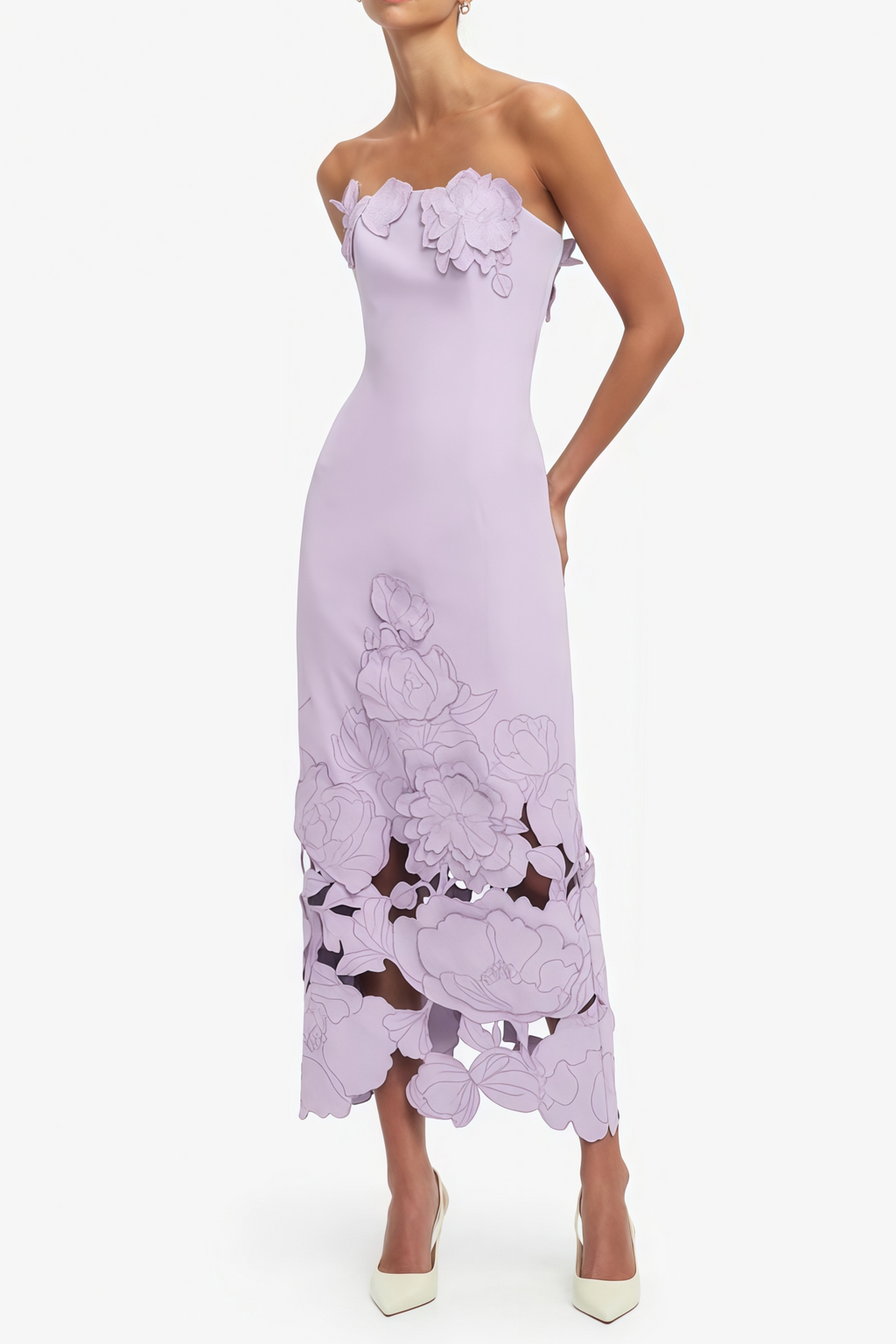Vestido largo maxi sin tirantes Inga Purple de MRNewyork con bordados florales y diseño elegante.