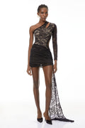 Isolde Black Asymmetraical Lace Mini Dress