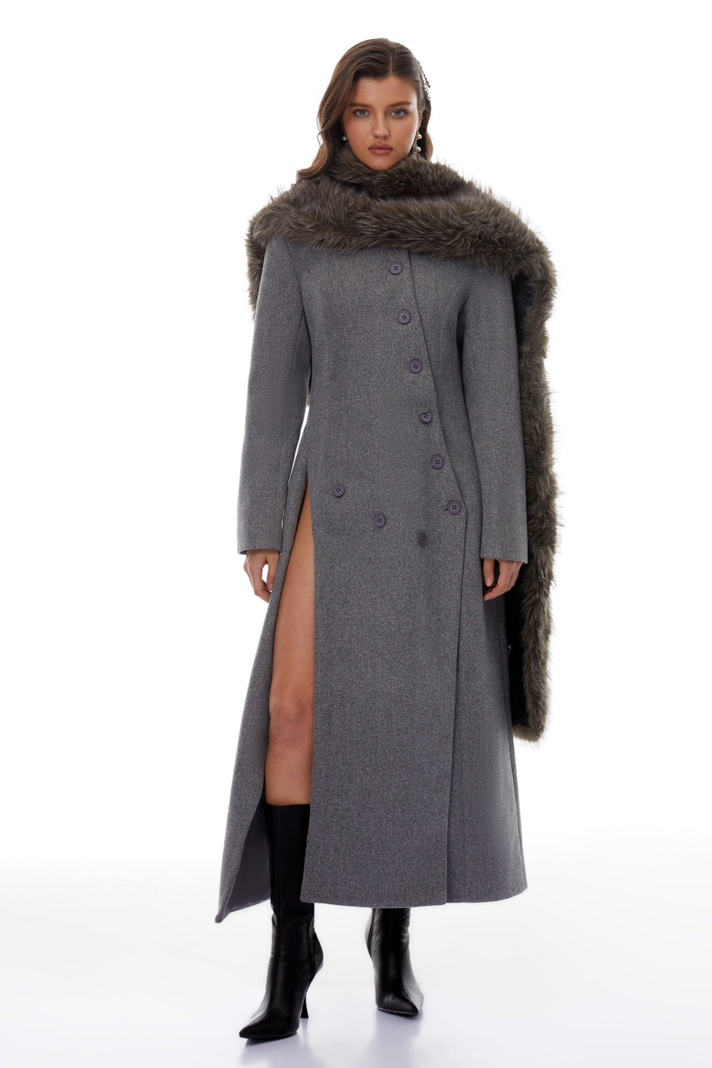 Vestido maxi asimétrico de tweed gris Izan de la marca MRNewyork, con diseño elegante y corte moderno.