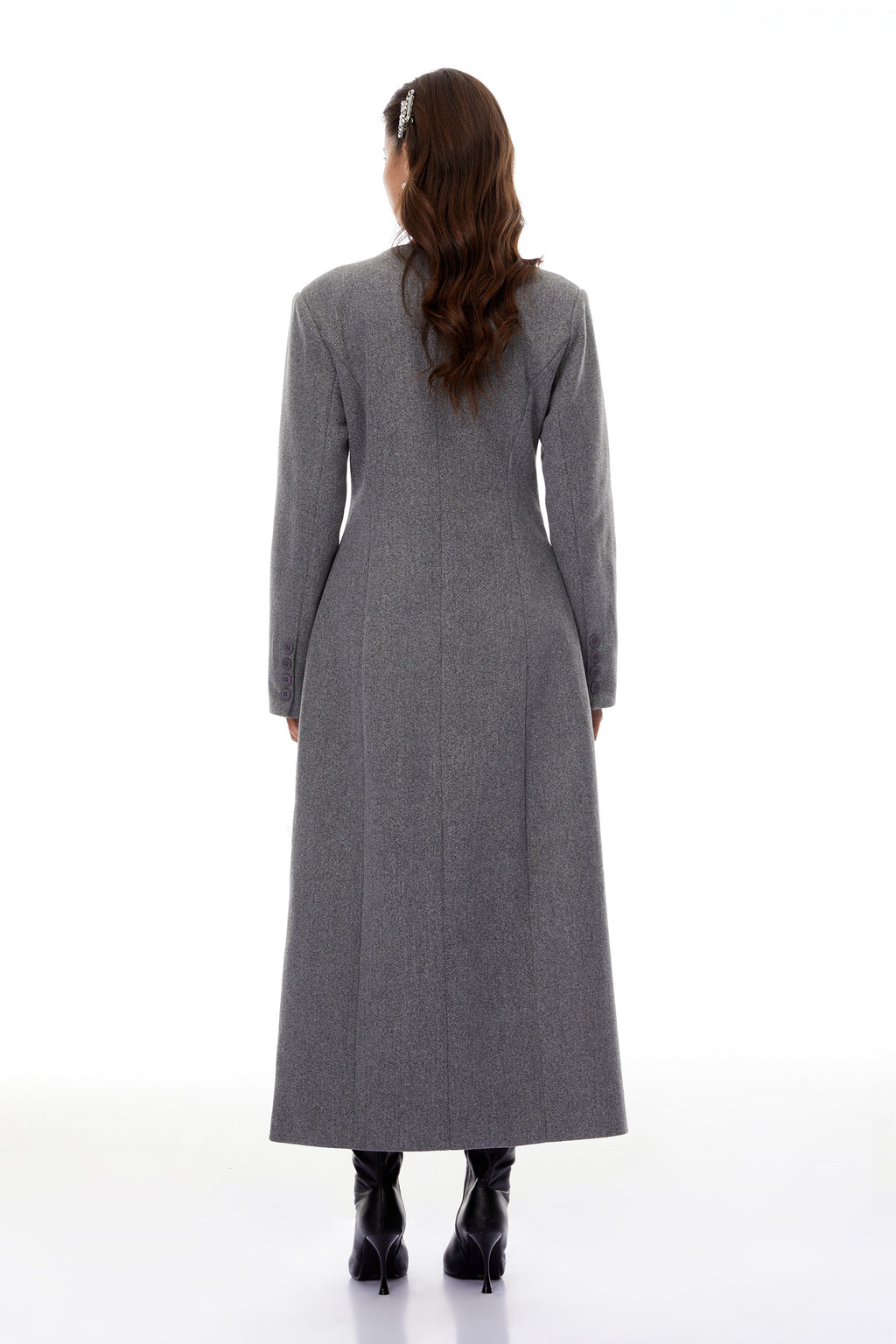 Vestido largo maxi en tweed gris asimétrico de MRNewyork, con blazer a juego y diseño elegante y moderno.