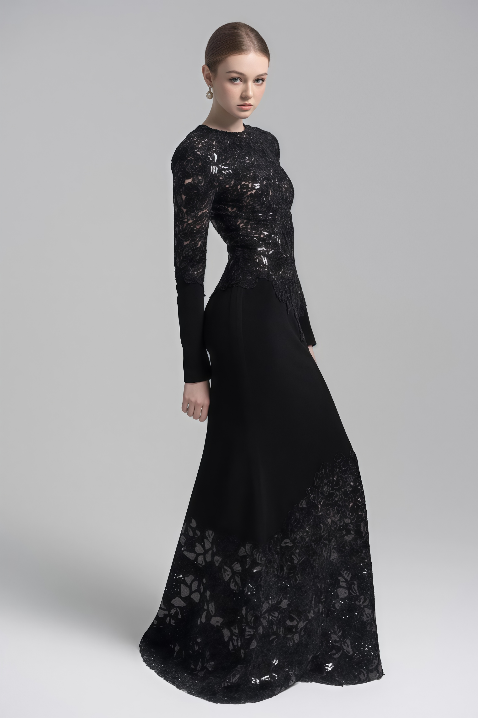 Vestido maxi negro Mathilde con bordados, estilo elegante y largo, fabricado por Final Sale.