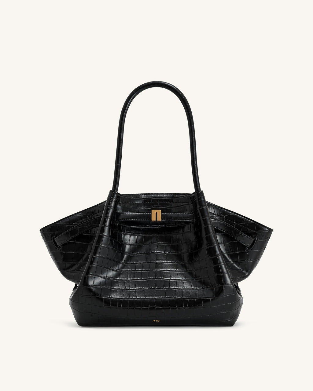 Bolso tote mediano JW PEI Hana, color beige, con asas cortas y diseño moderno, vista frontal del bolso en material duradero.