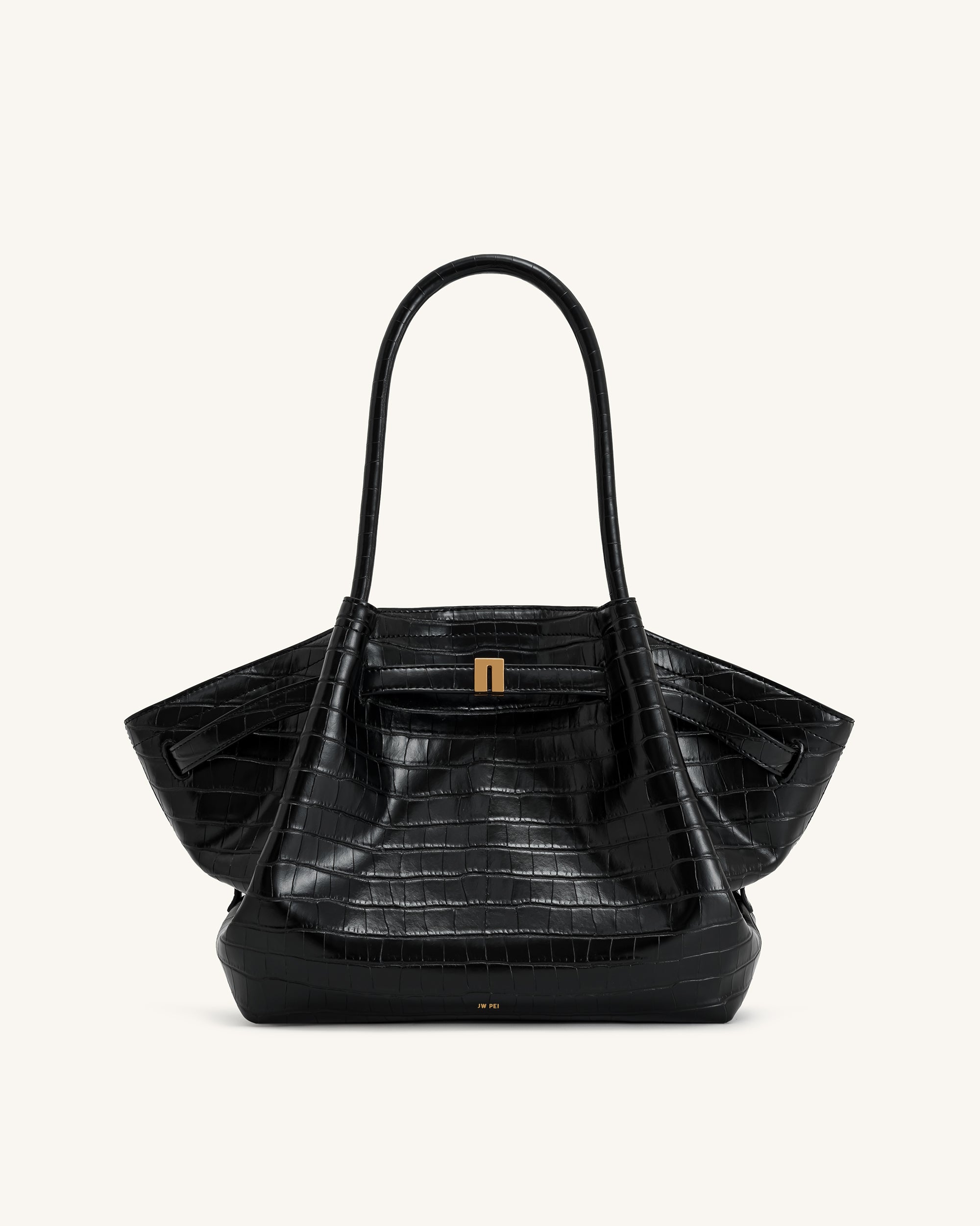 Bolso tote mediano JW PEI Hana, color beige, con asas cortas y diseño moderno, vista frontal del bolso en material duradero.