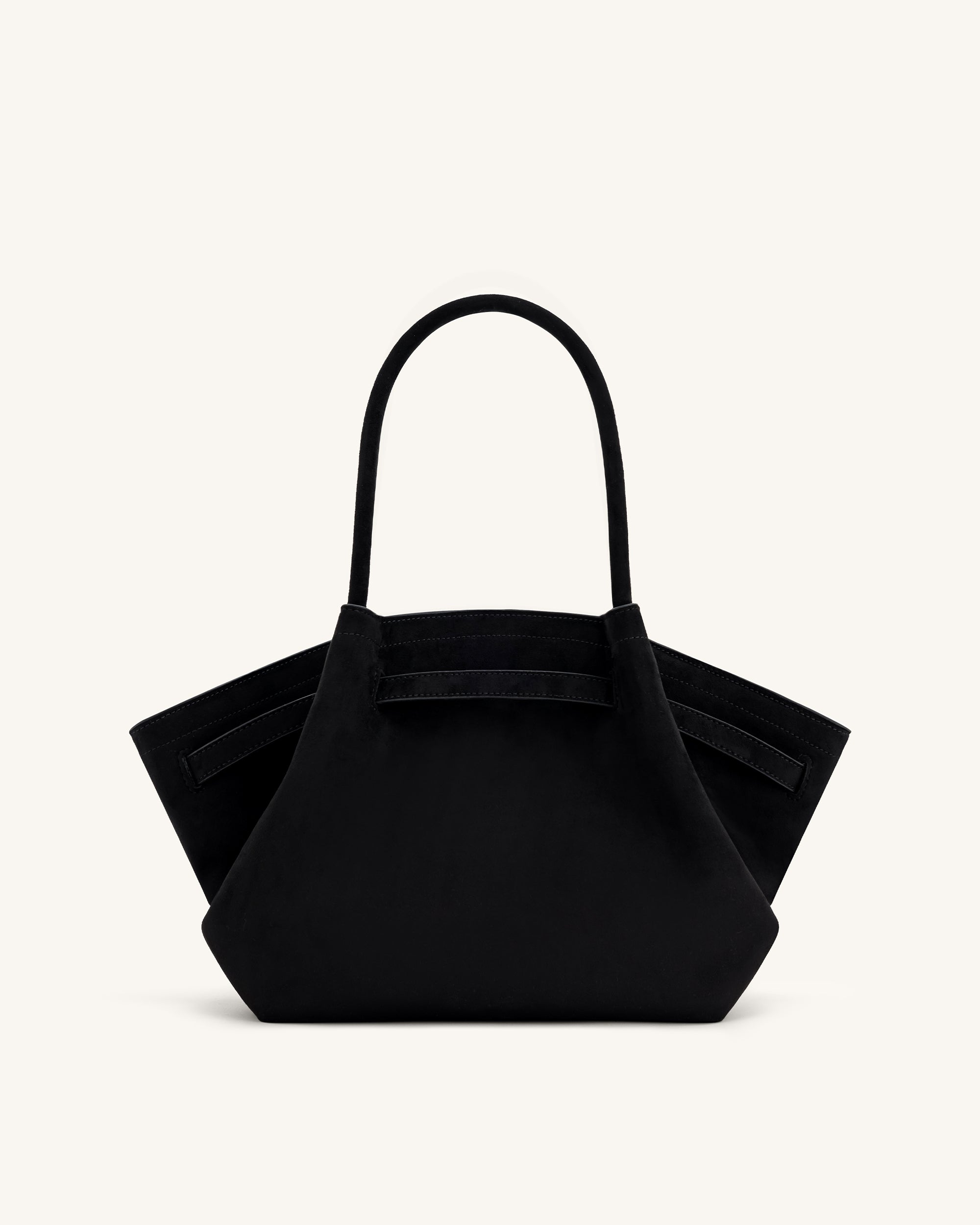 Bolso tote mediano JW PEI Hana de ante sintético negro, vista trasera con asas y detalles elegantes.