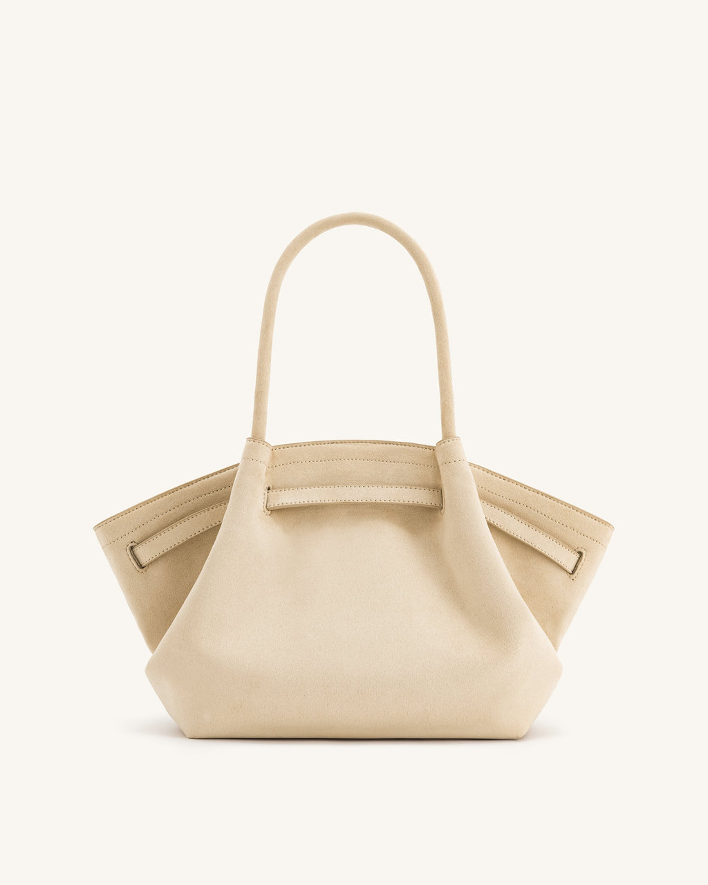 Bolso tote mediano JW PEI Hana de ante sintético color blanco apagado, vista frontal con asas y detalles suaves.