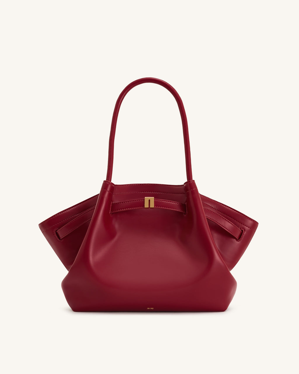 Bolso tote mediano Hana JW PEI en color claret, vista frontal con asas y detalles elegantes, estilo moderno y funcional.