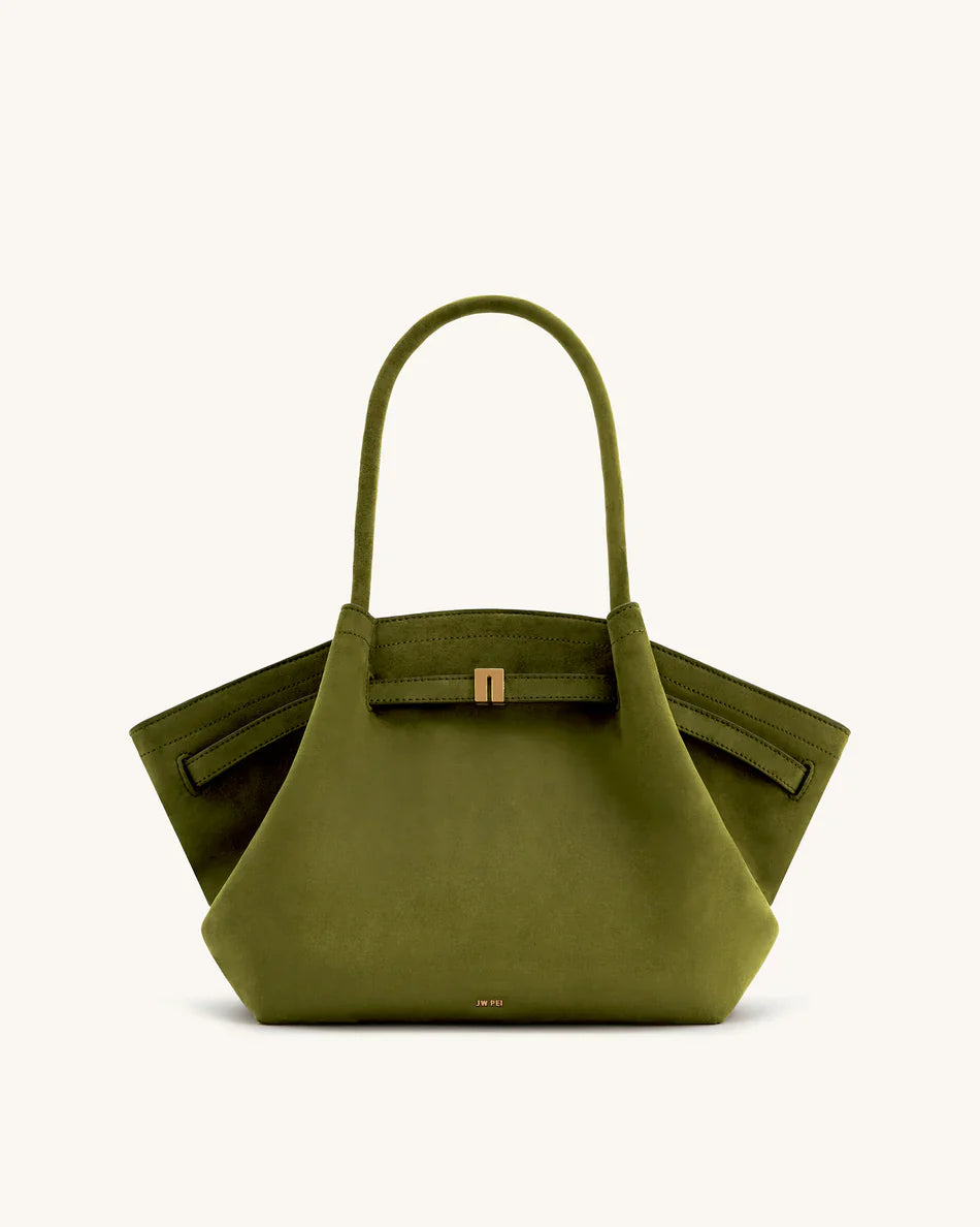 Hana Medium Synthetic Suede Tote Bag – Dark Olive Green - Angela Puerto