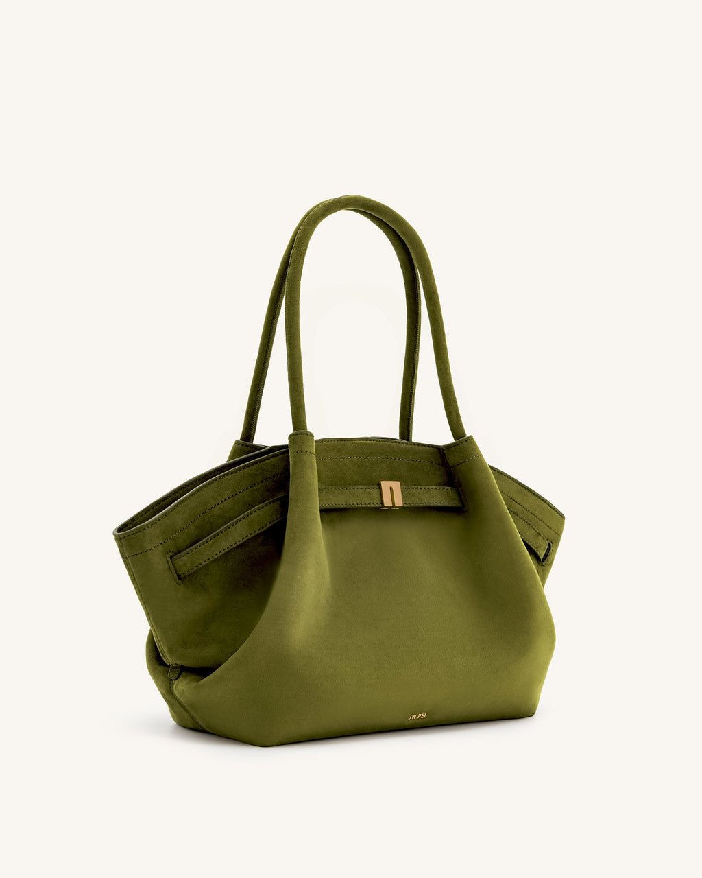 Bolso tote mediano JW PEI Hana en ante sintético color oliva oscuro, vista lateral del diseño espacioso y elegante.