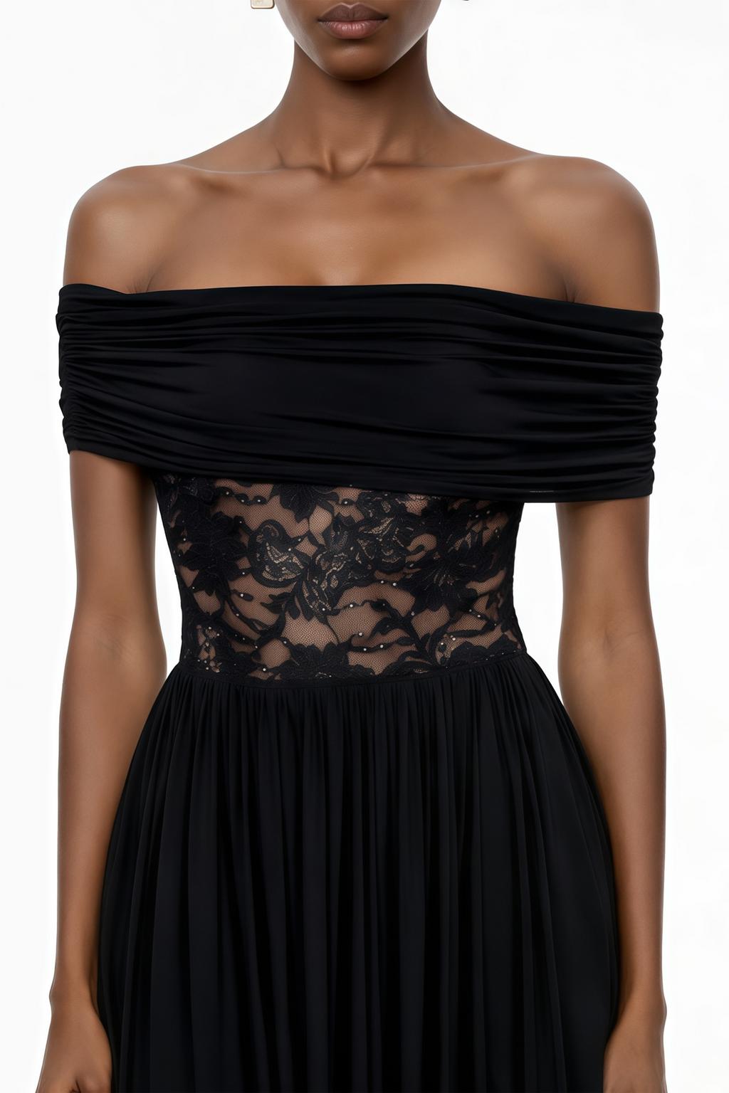 Vestido largo maxi negro de encaje con paneles y pliegues de MRTokyo, con detalles elegantes y forma fluida.