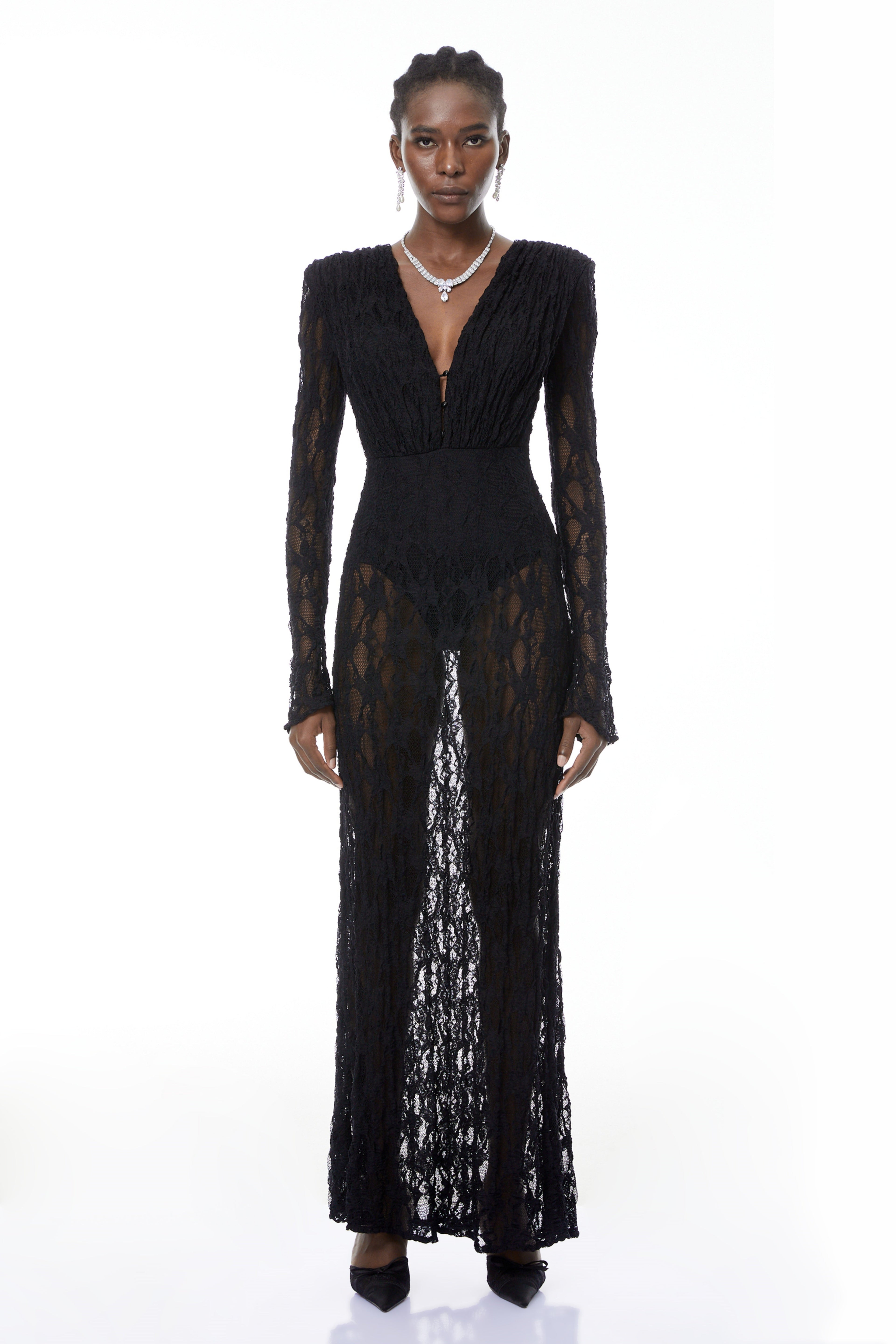 Johanna Black Semi-Sheer Lace Maxi Dress