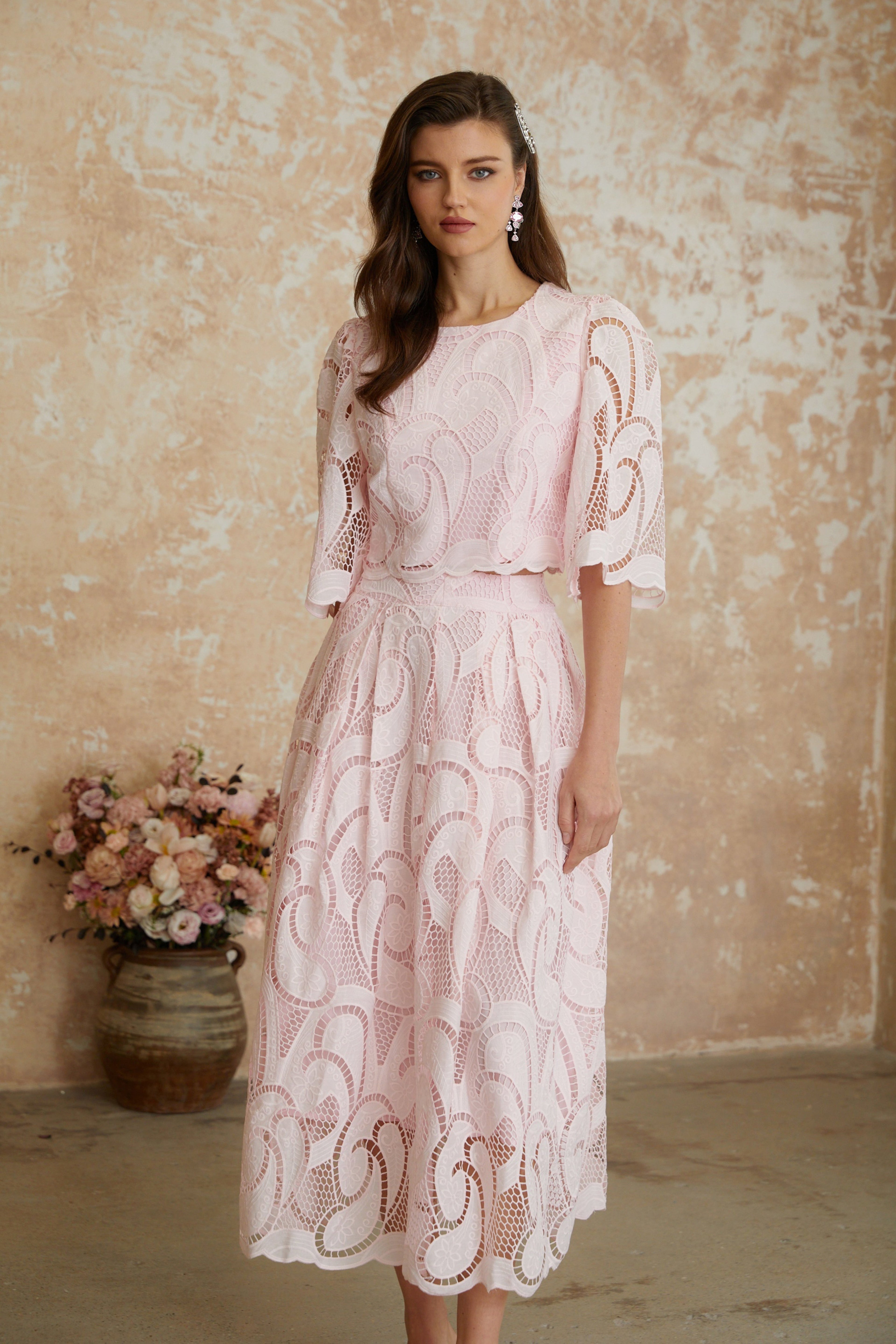 Joséphine Pink Embroidered Blouse & Skirt Set