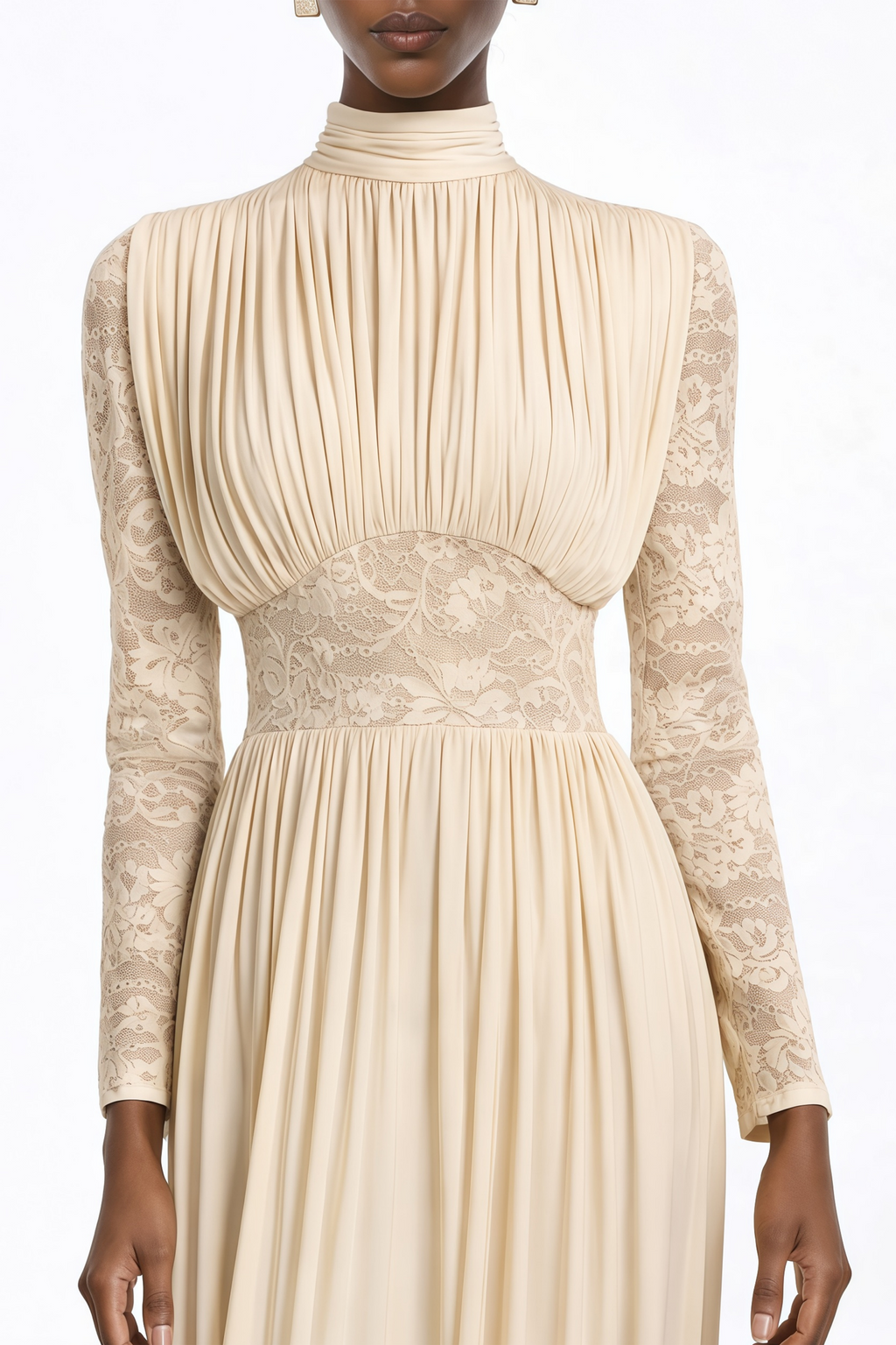 Vestido maxi Karine Neutral Lace Panel Ruched de MRMelbourne, vestido largo con paneles de encaje y diseño fruncido en la parte superior.