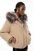 Kehlani Neutral Faux-Fur Trim Coat