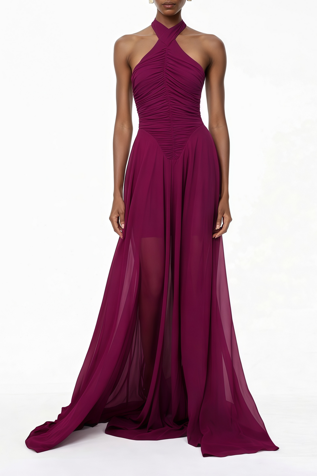 Vestido maxi ruched de diseño de tren morado de MRMelbourne, con estilo elegante y detalles en la parte superior.
