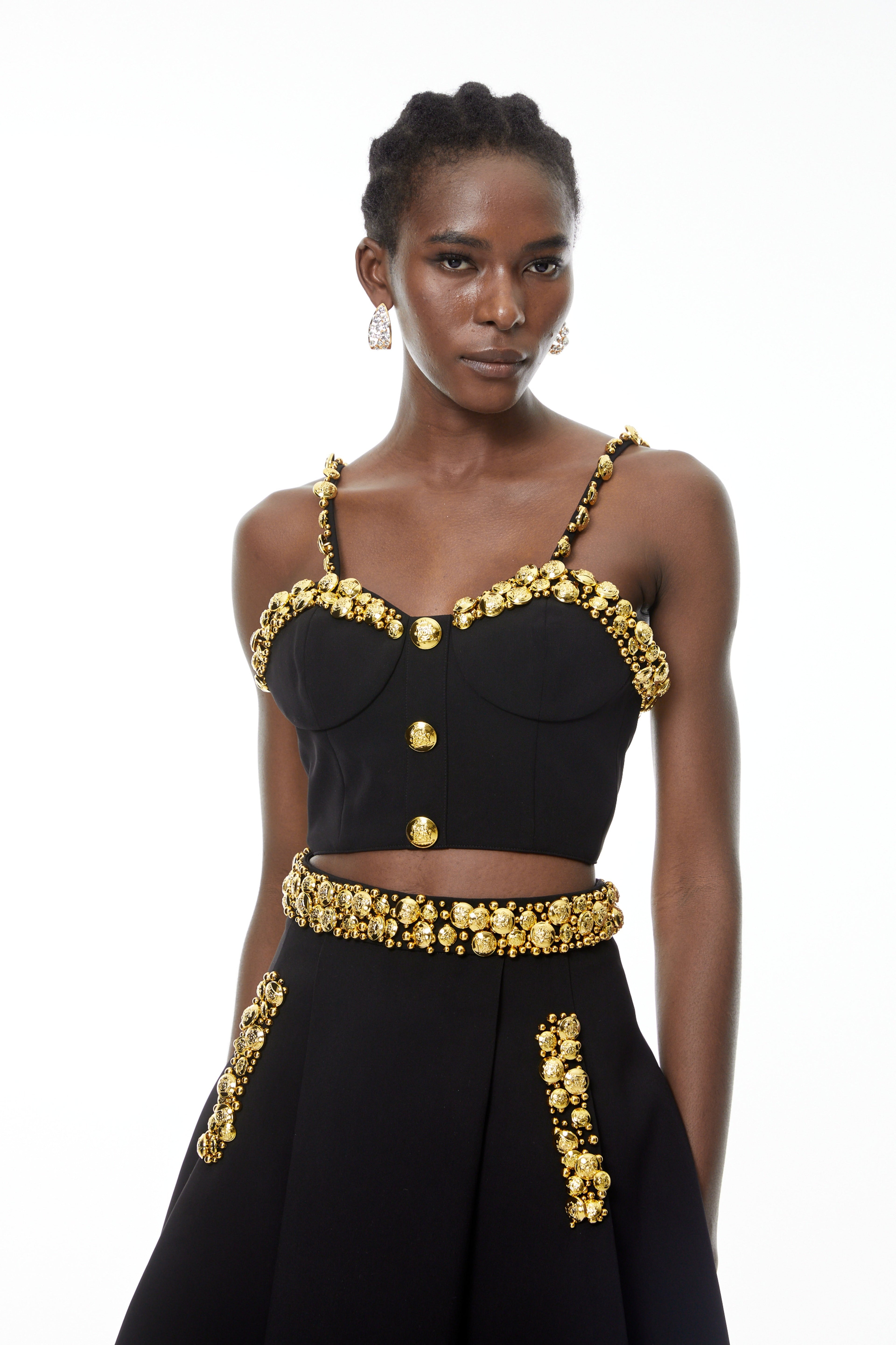 Kukka Black Top & Mini Skirt Set with Buttons