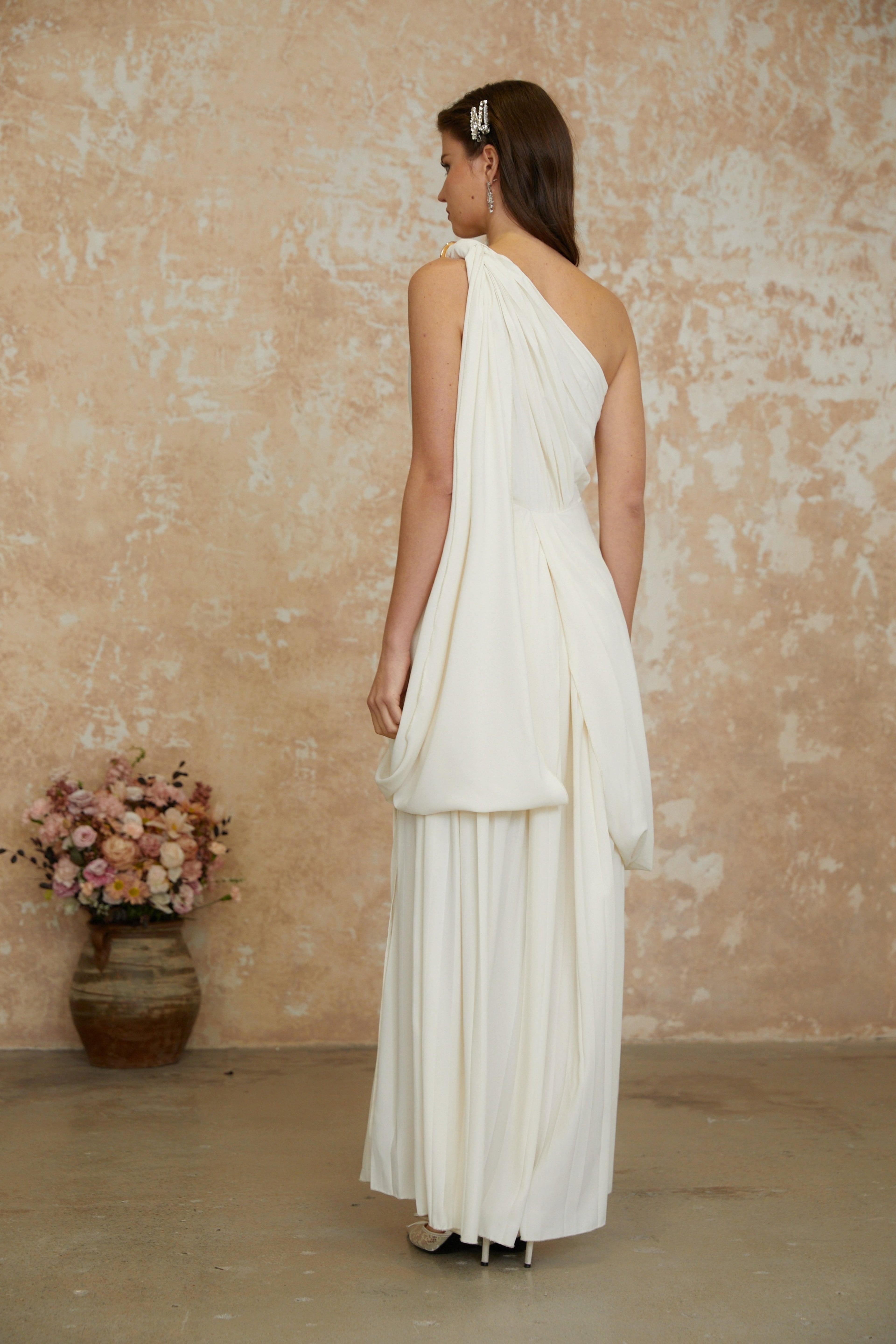 Lyric White Twist High Slit Ruched Maxi Dress