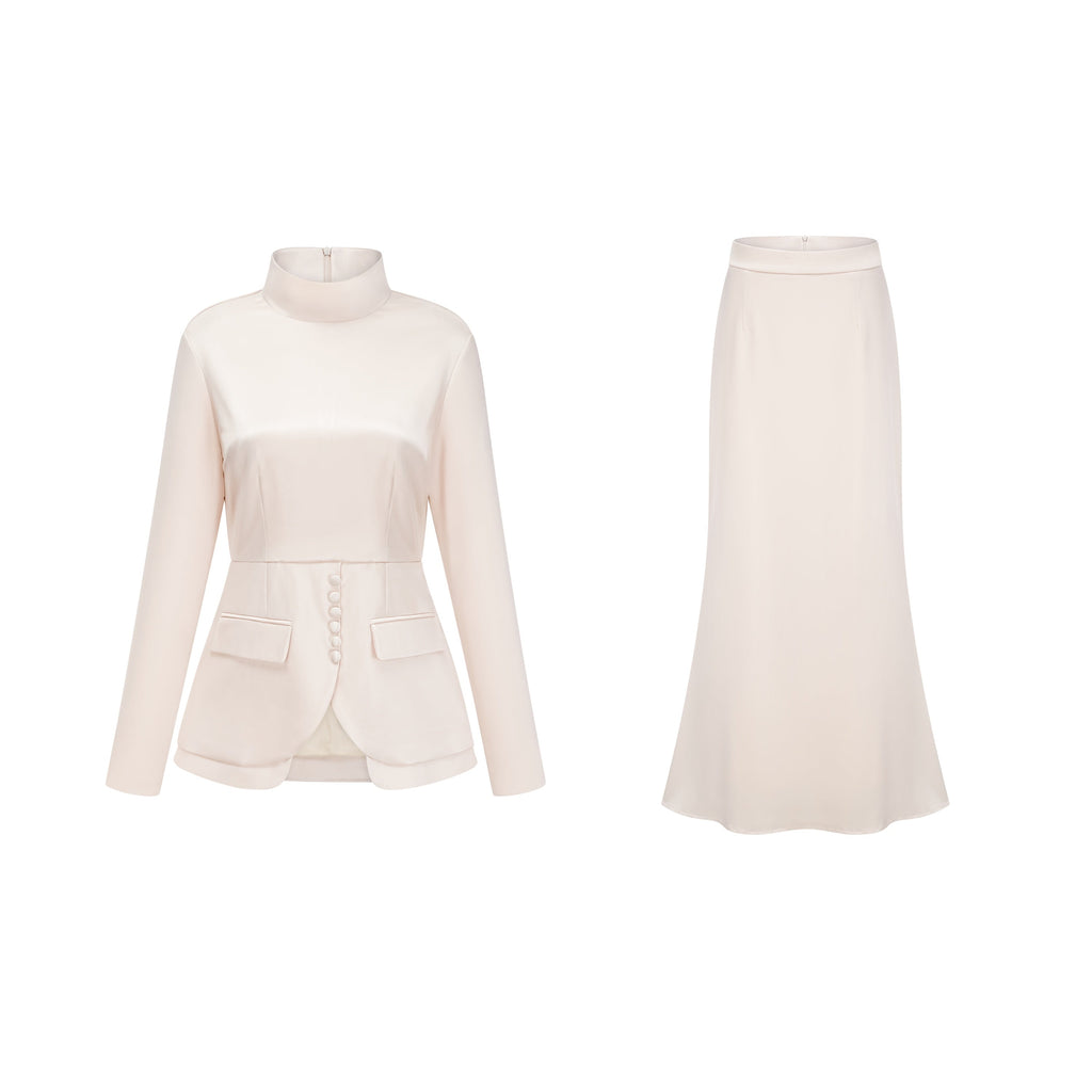 Conjunto de blusa de cuello alto neutro y falda sirena de la marca Final Sale, con detalles elegantes y estilo moderno.