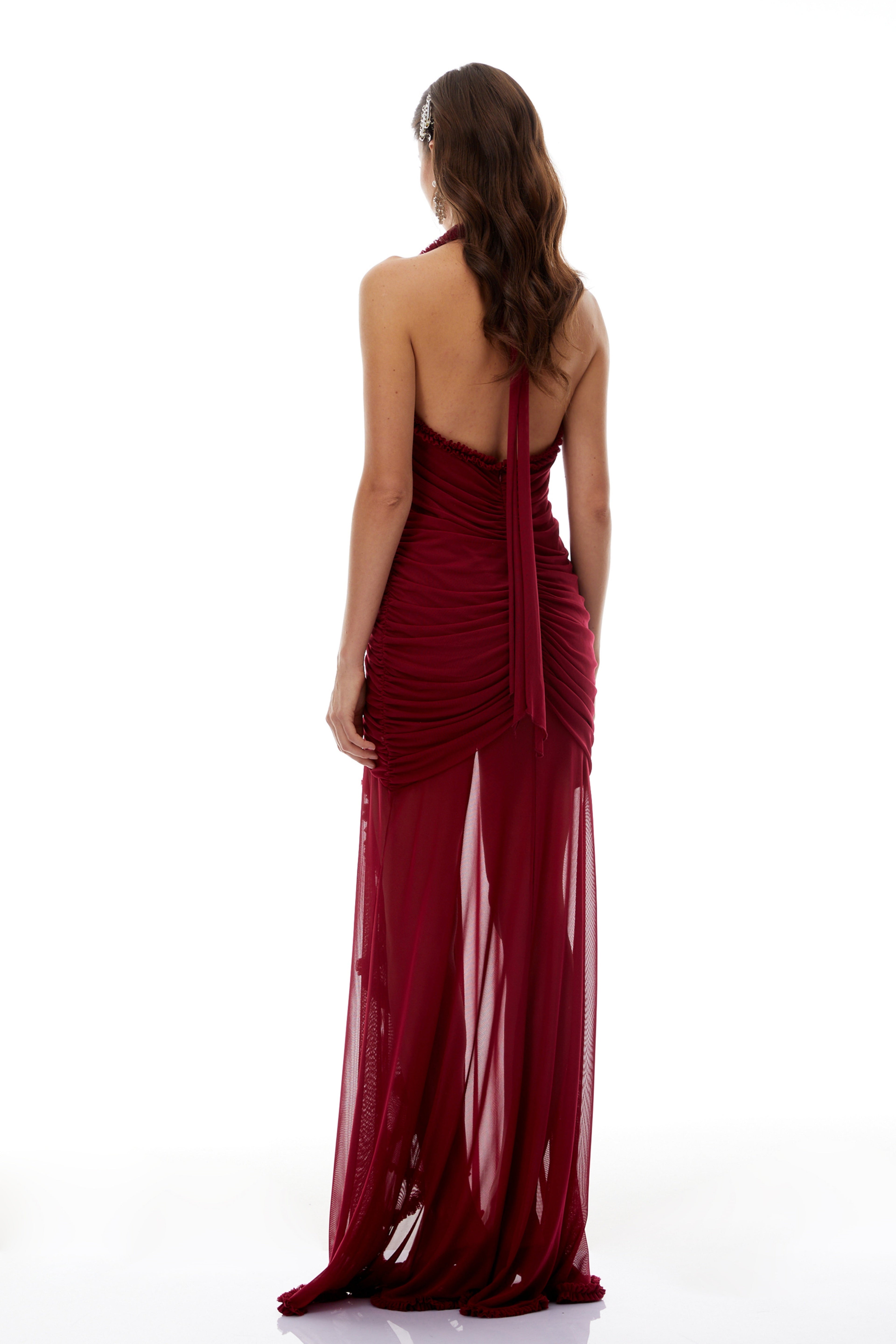 Marie Burgundy Asymmetrical Ruched Maxi Dress