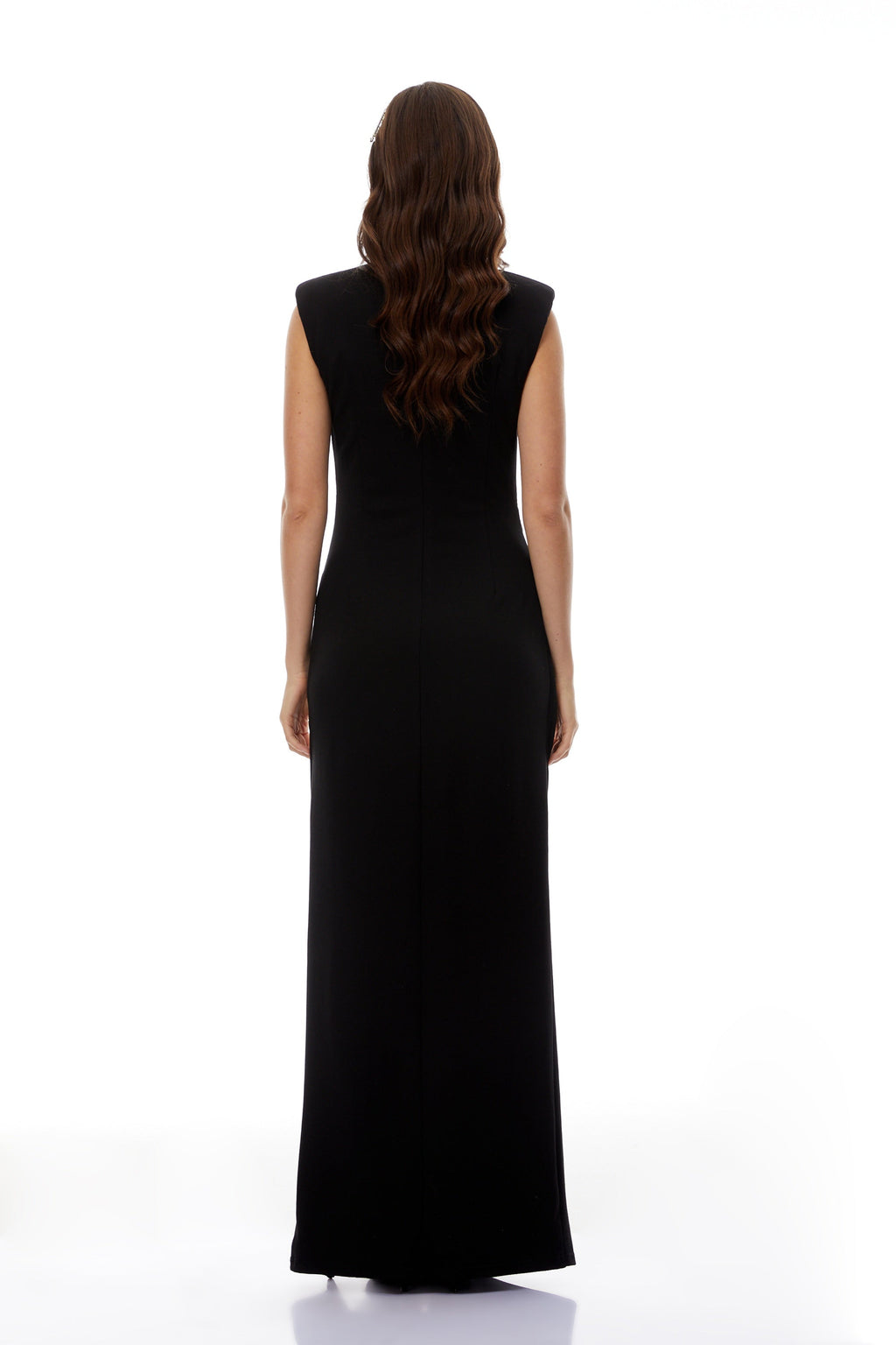 Vestido maxi negro Martina de MRNewyork con detalle de cremallera en la parte frontal, estilo elegante y moderno.