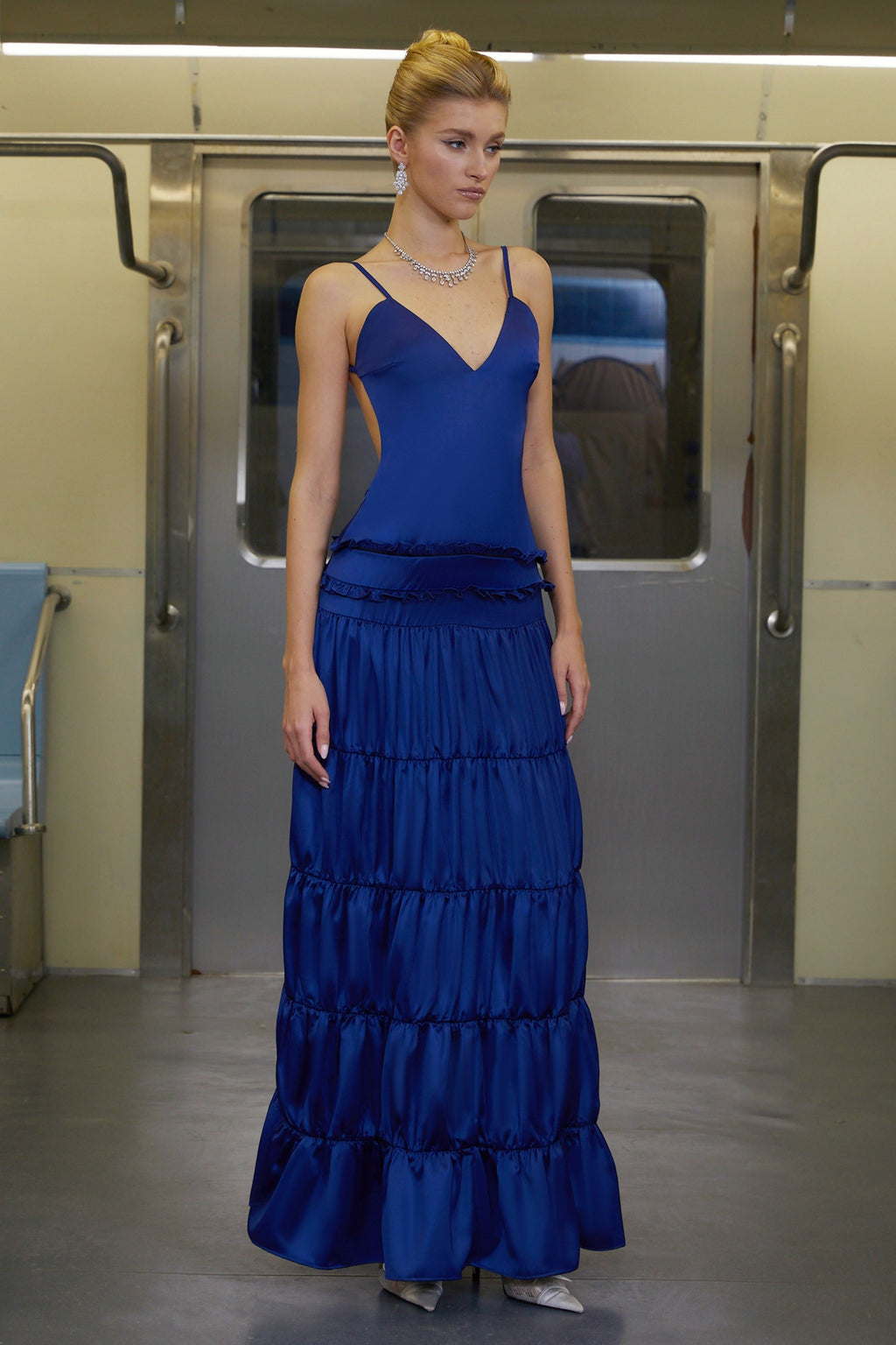 Martina Blue Open Back Tiered Maxi Dress