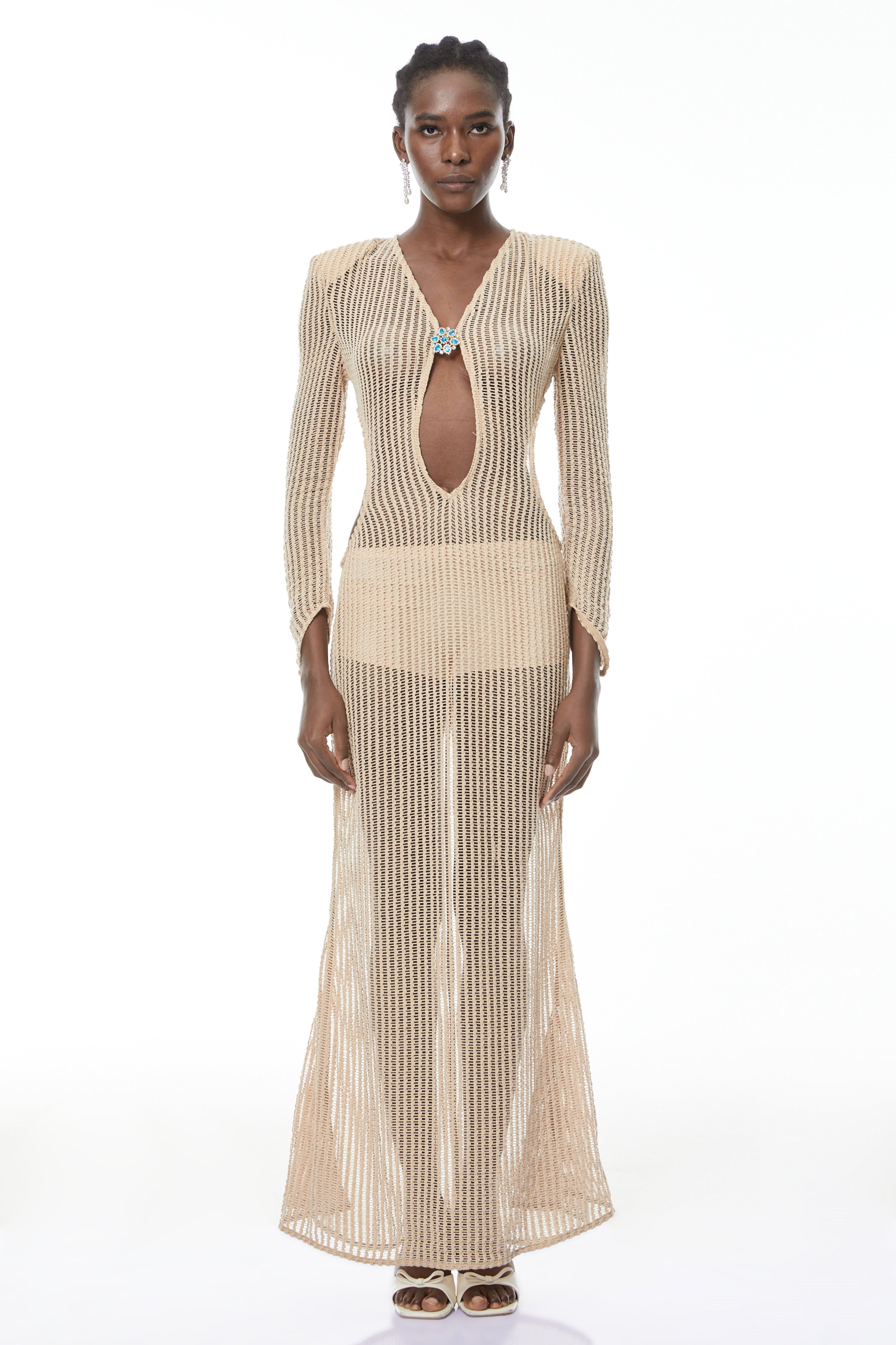Martina Neutral Crochet Maxi Dress with Cut Out