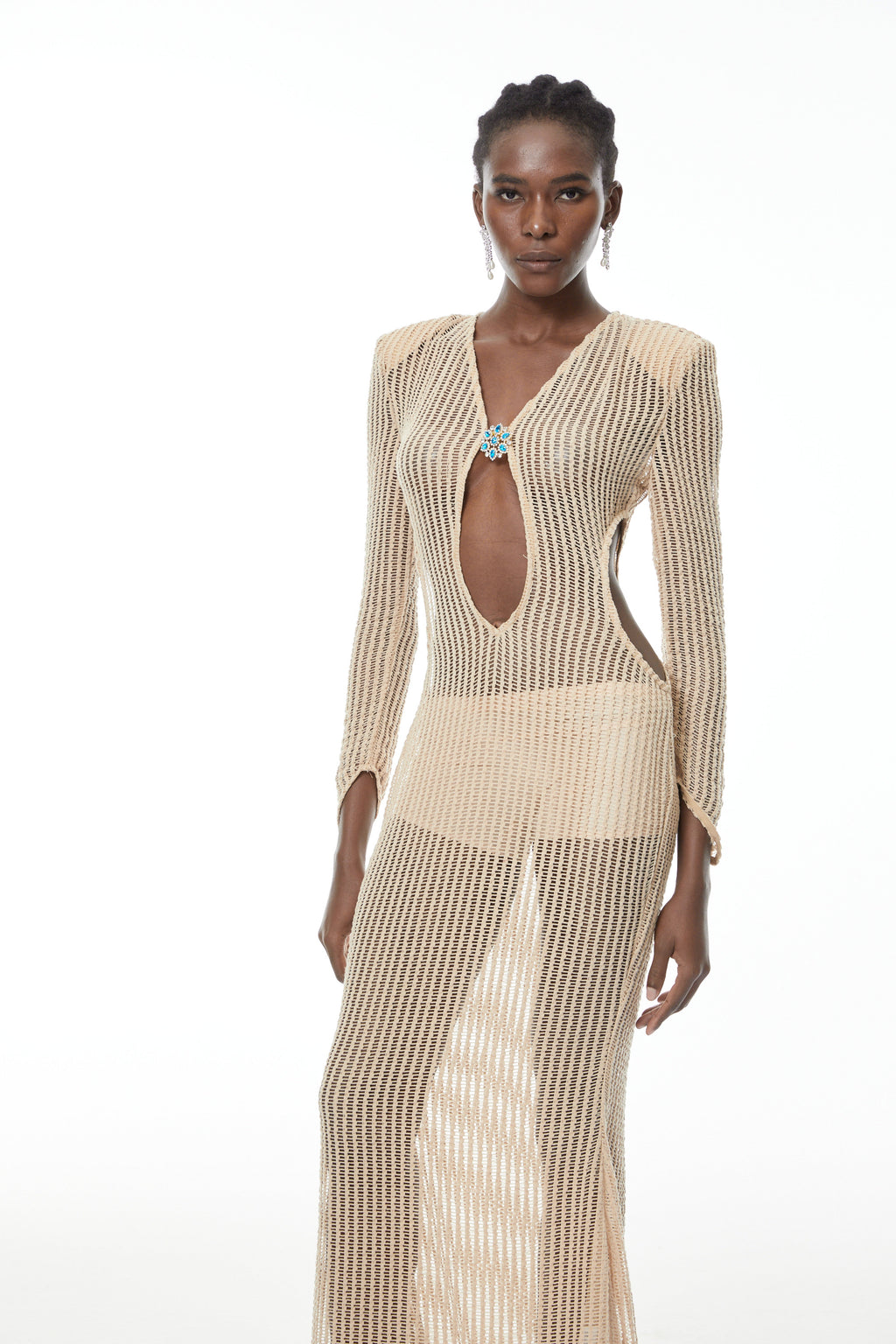 Martina Neutral Crochet Maxi Dress with Cut Out