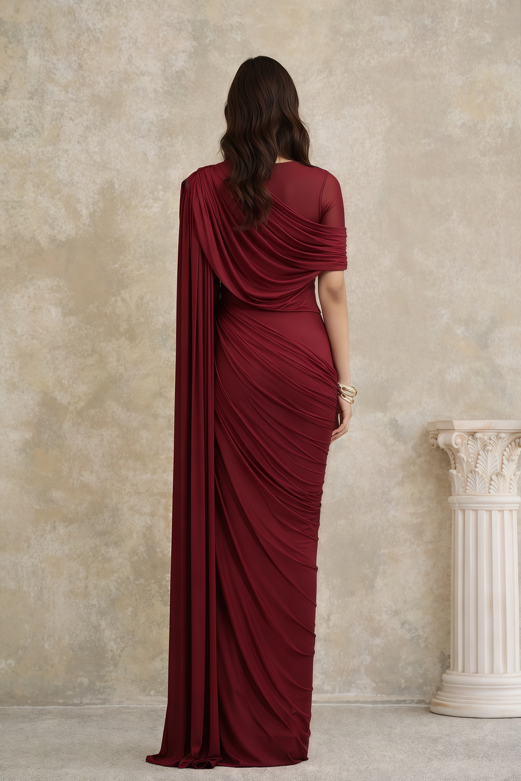 Mioara Red Asymmetrical Draped Cape Design Dress