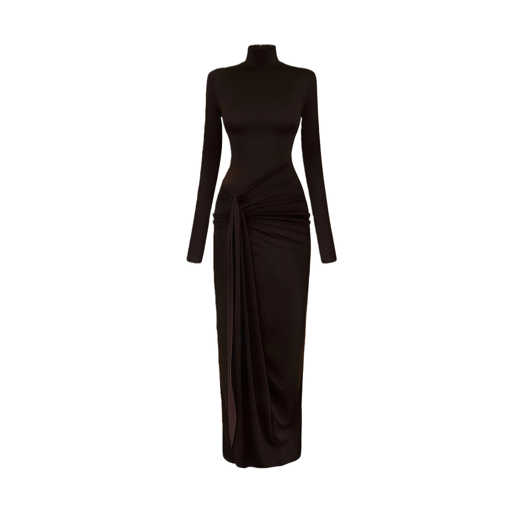 Neve Brown High Neck Twist Knot Maxi Dress
